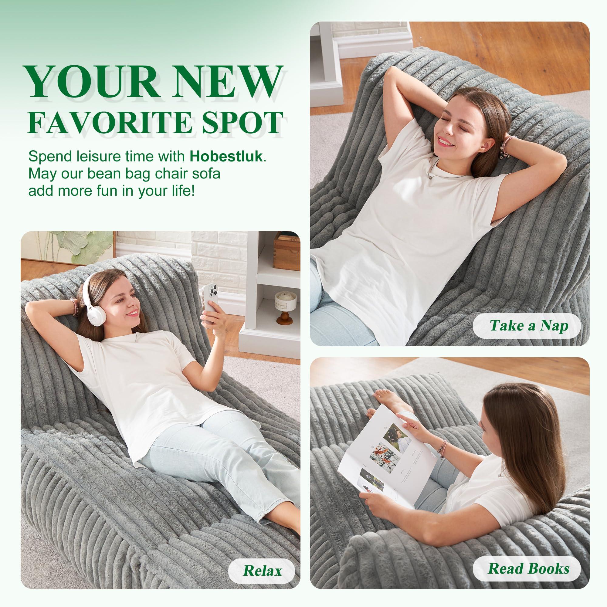 Hobestluk Big Bean Bag Lounger Chairs Large Beanbag Chair for Adults Bean Bag Sofa with Memory Foam Filled for Living Room, Bedroom or Balcony (Grey) - Image 6