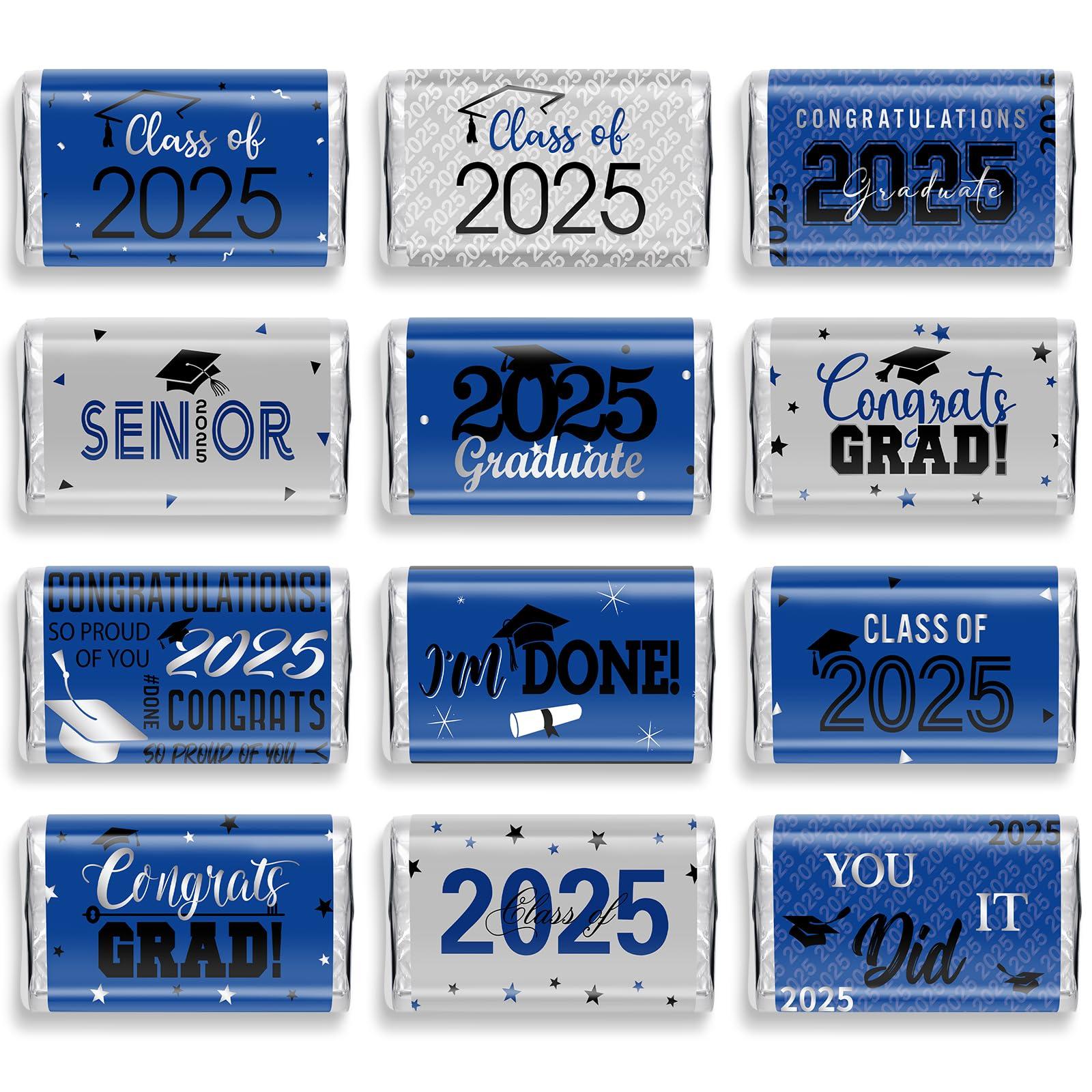 100Pcs Graduation Decorations Class of 2025 Candy Bar Wrappers,Blue and Silver Congrats Grad Mini Candy Stickers Chocolate Bar Labels for College High School Graduation Party Favors,Candy Not Included