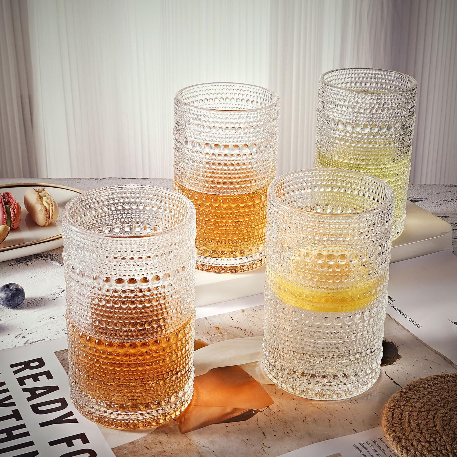 OPAYLY hobnail drinking glasses Highball Glasses Set of 4 12oZ Embossed Vintage Drinking Water Cocktail Whiskey Beverages Juice Milk Soda Gift for Men Women - Image 4