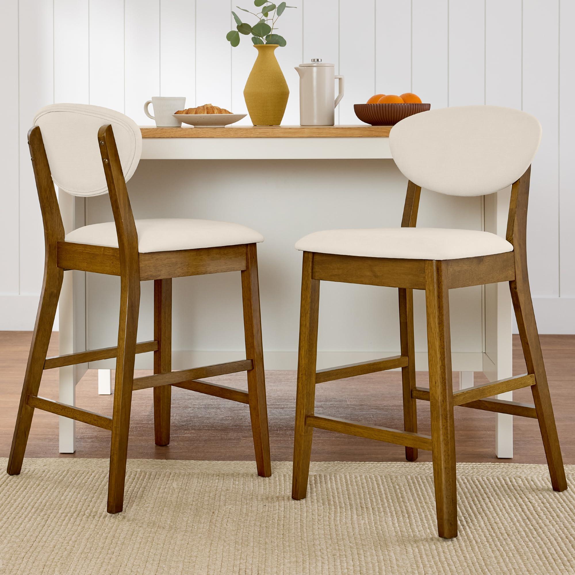 Best Choice Products Bar Stool Set of 2, Mid-Century Modern Upholstered Wood, Armless Counter Height w/Seat Cushion, Backrest - Walnut/Cream - Image 2