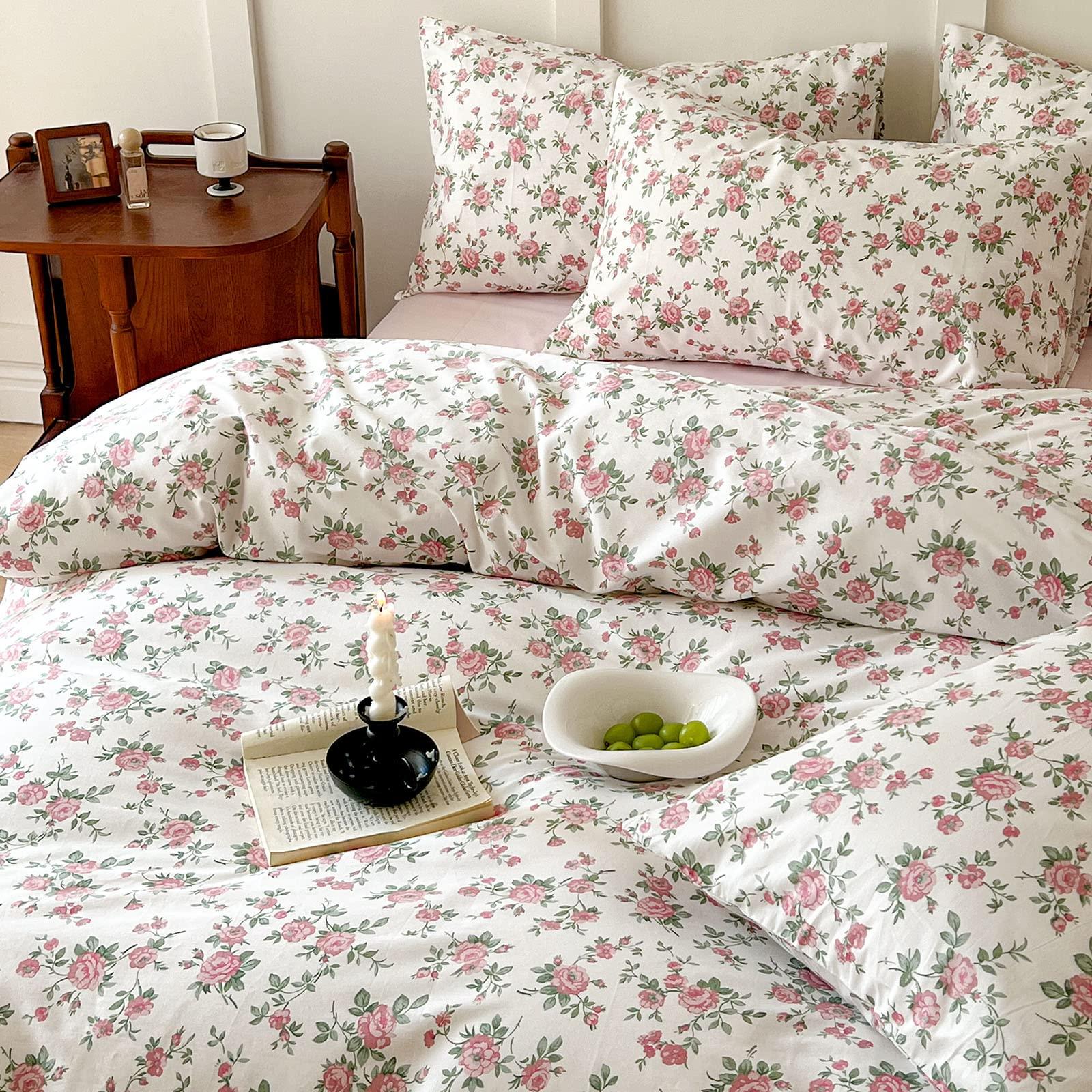 Pink Floral Duvet Cover Queen Soft Cotton Girls Cottagecore Bedding Set Botanical Peach Flower Comforter Cover with Zipper Closure Vintage Country Bedding Aesthetic Duvet Cover with 2 Pillowcases - Image 2
