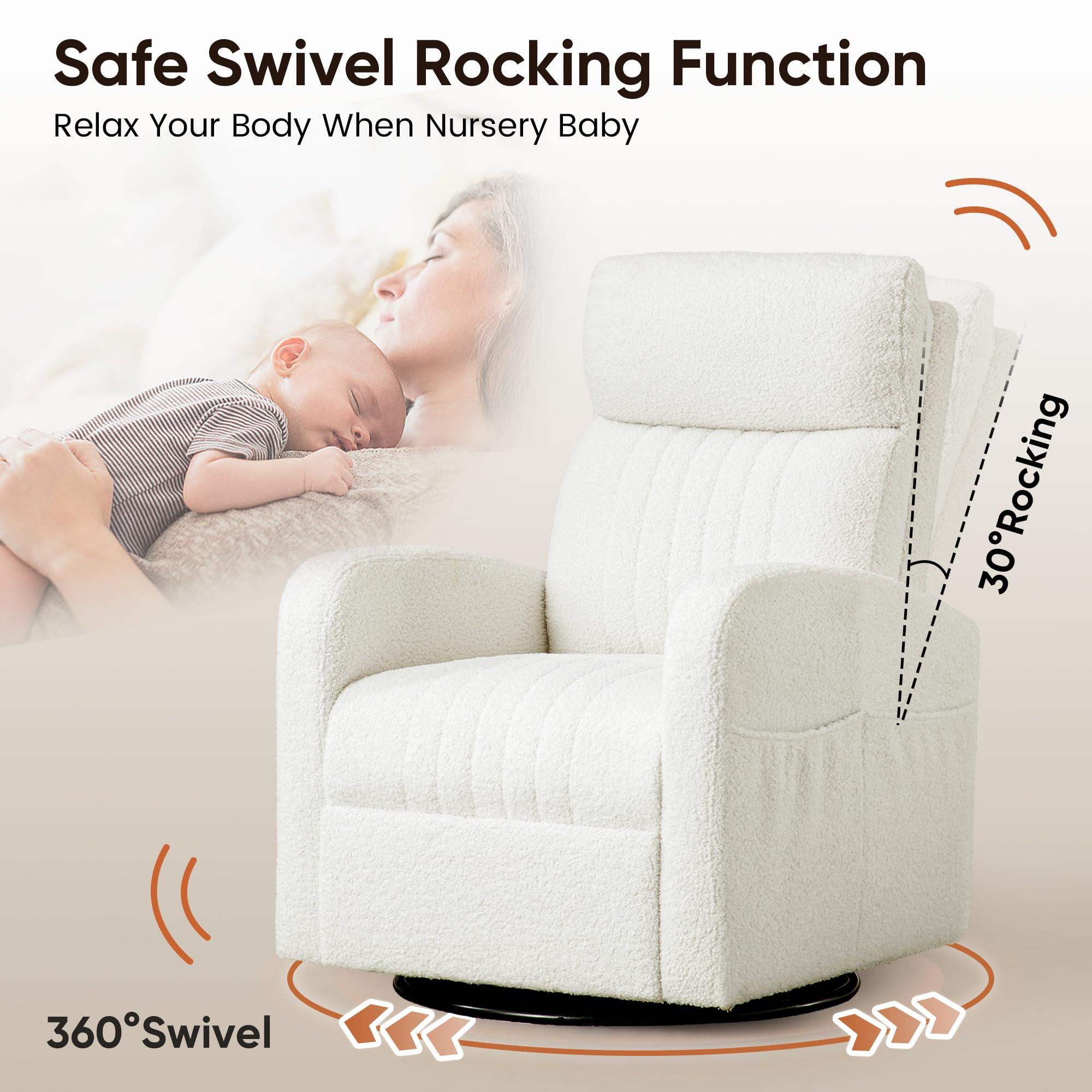 AEMEIOS Swivel Glider Rocking Chair, Boucle Swivel Rocker Chair for Nursery, Morden Gliding Nursing Chairs with High Back for Living Room, Bedroom,Teddy White - Image 3