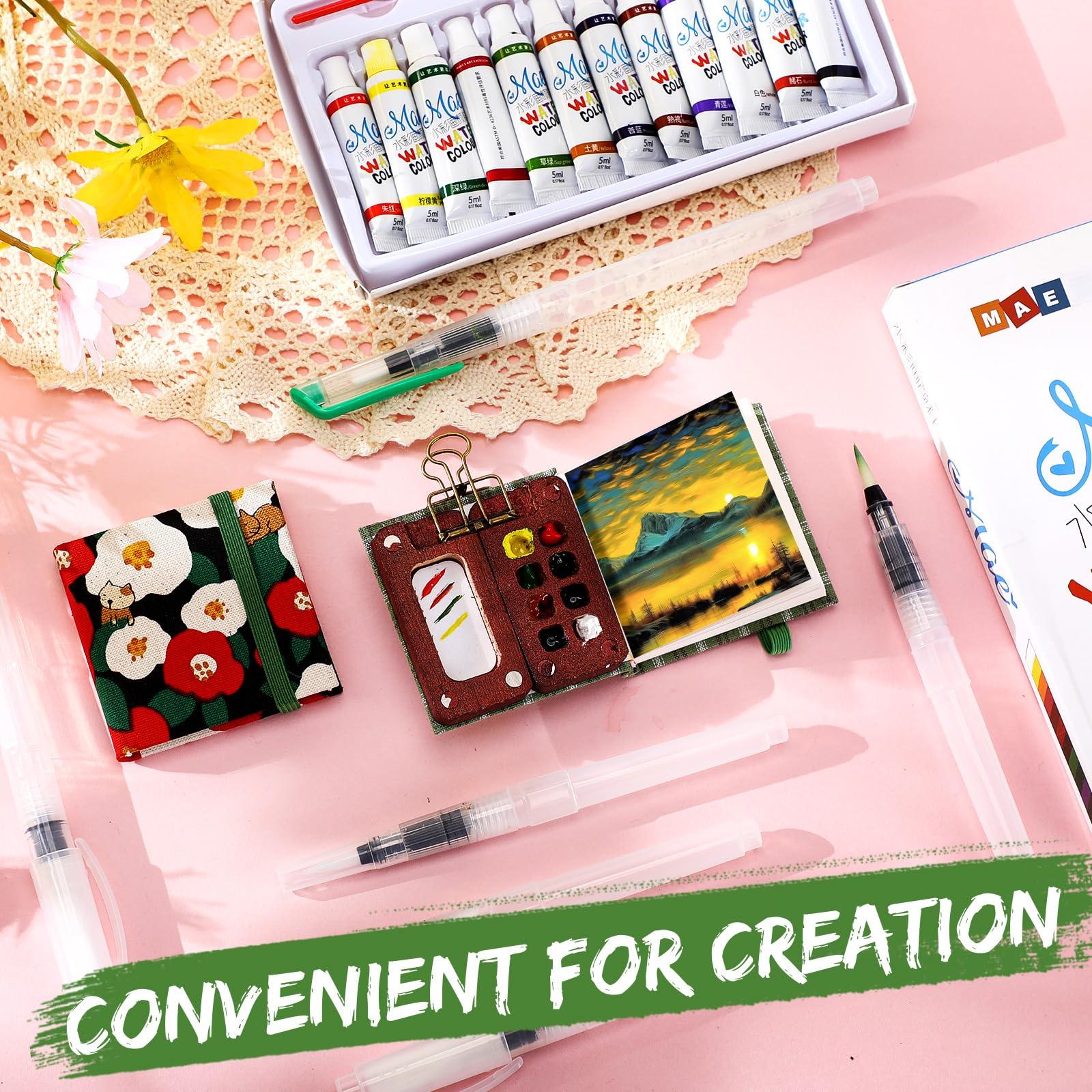 Chiisong Mini Watercolor Travel Set Pocket Artist Travel Set Portable Palette 8 Grids Wood Paint Box with Clip 2 Pcs Sketchbook 6 Pcs Watercolor Brush 12 Colors of Paint(Fresh Style) - Image 7