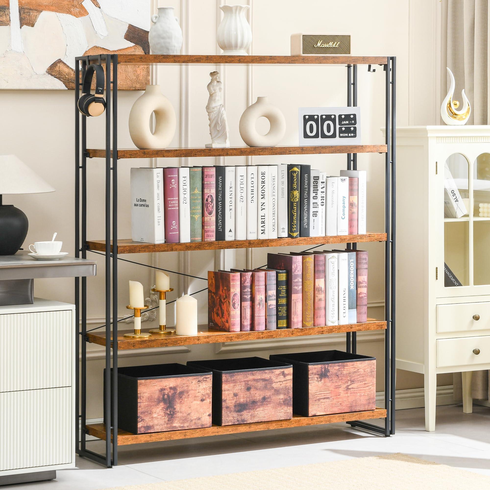 HCHQHS Bookshelf, 5-Tier Industrial Bookcase, Rustic Open Book Shelf, Freestanding Tall Bookshelves with Metal Frame - Image 2