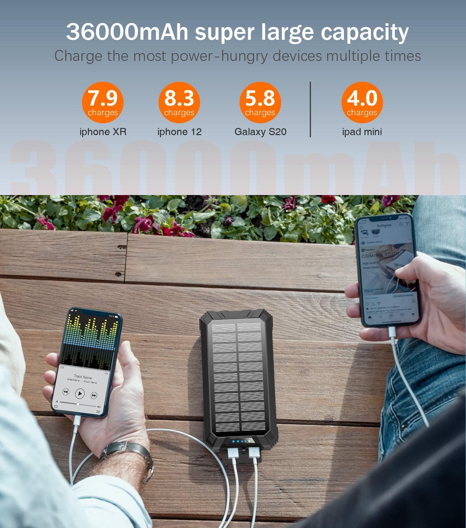 GOODaaa Power Bank Wireless Charger 36000mAh Built in 4 Cables Six Outputs 15W Fast Charging Power Bank for All Mobile Devices Three Inputs Solar Portable Charger with Dual Flashlights, Carabiner - Image 5