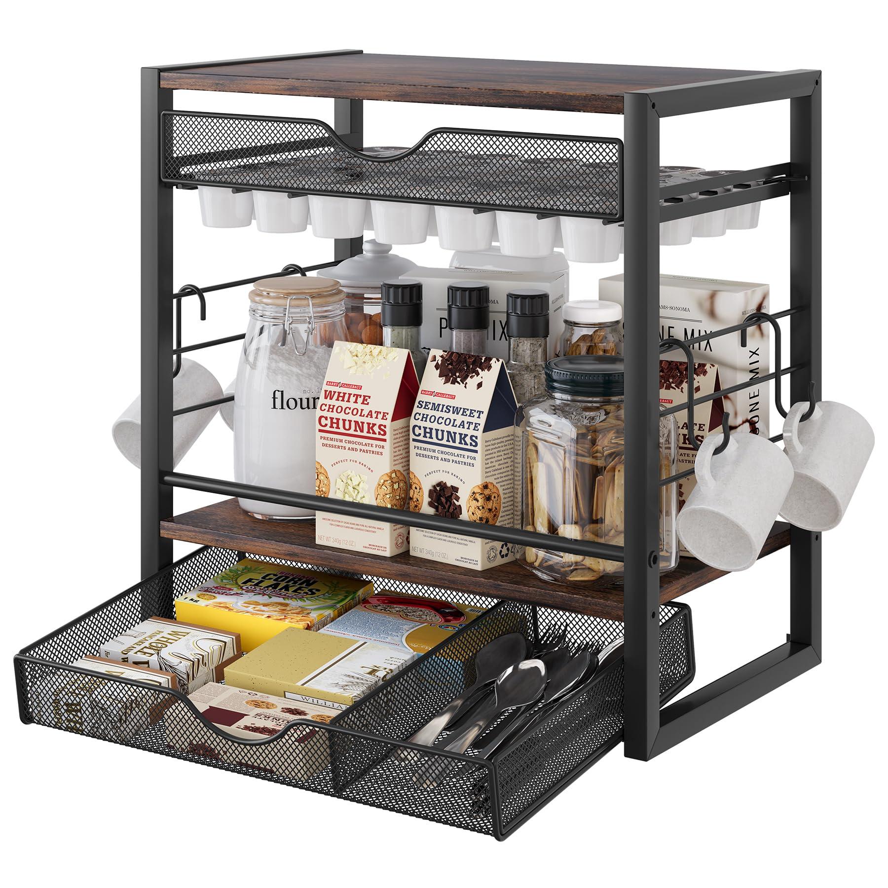 TQVAI Coffee Bar Station Organizer for Countertop, 70 Capsule K Cup Holder with Mugs Hooks, Pull Out Coffee Pod Organizer for Syrup Pack, Tea Bag, Bean, Black