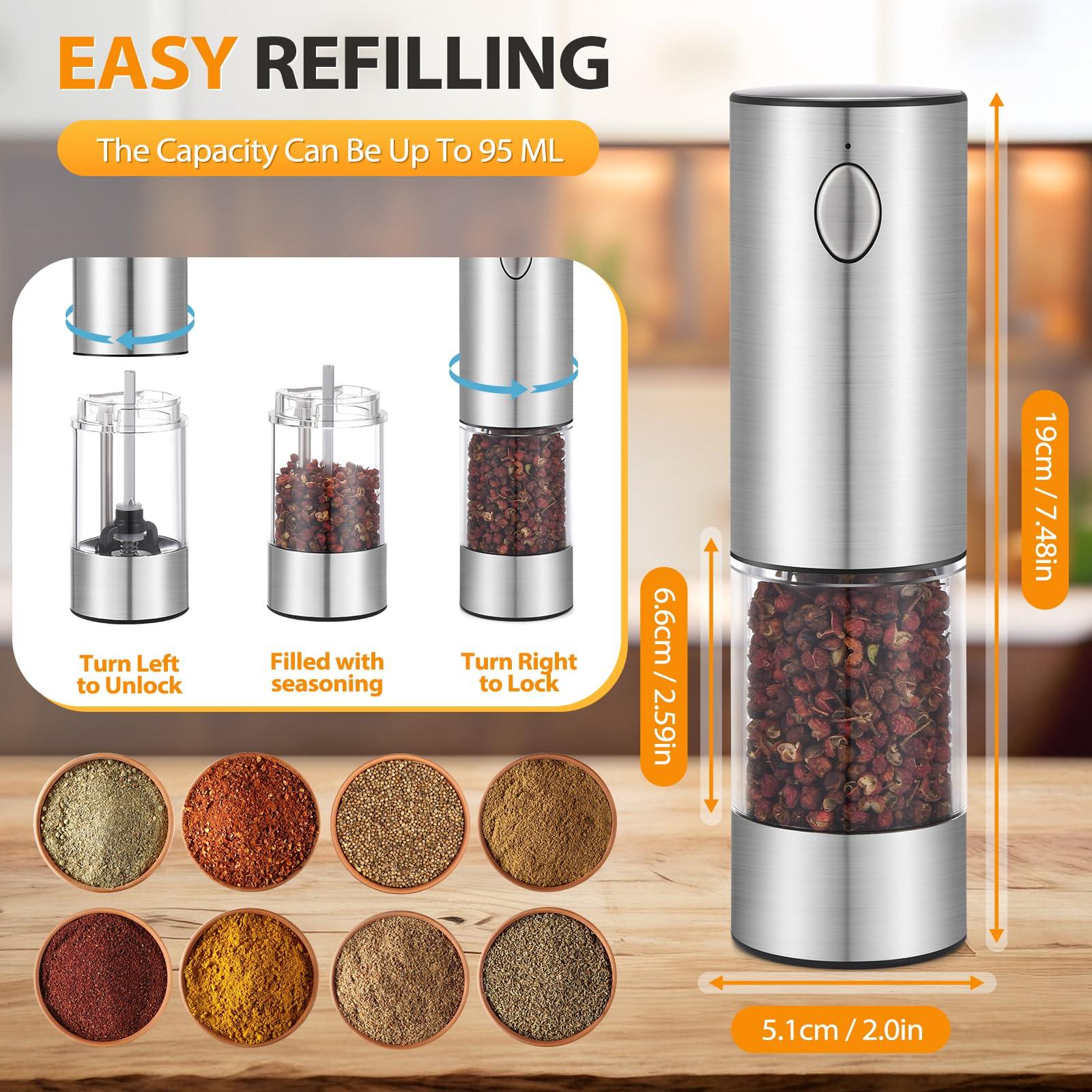[Upgraded Larger Capacity] Rechargeable Electric Salt and Pepper Grinder Set with Storage Base,Stainless Steel Pepper Mills with LED Lights & Adjustable Coarseness One-Hand Operation, Silver (2 Pack) - Image 3