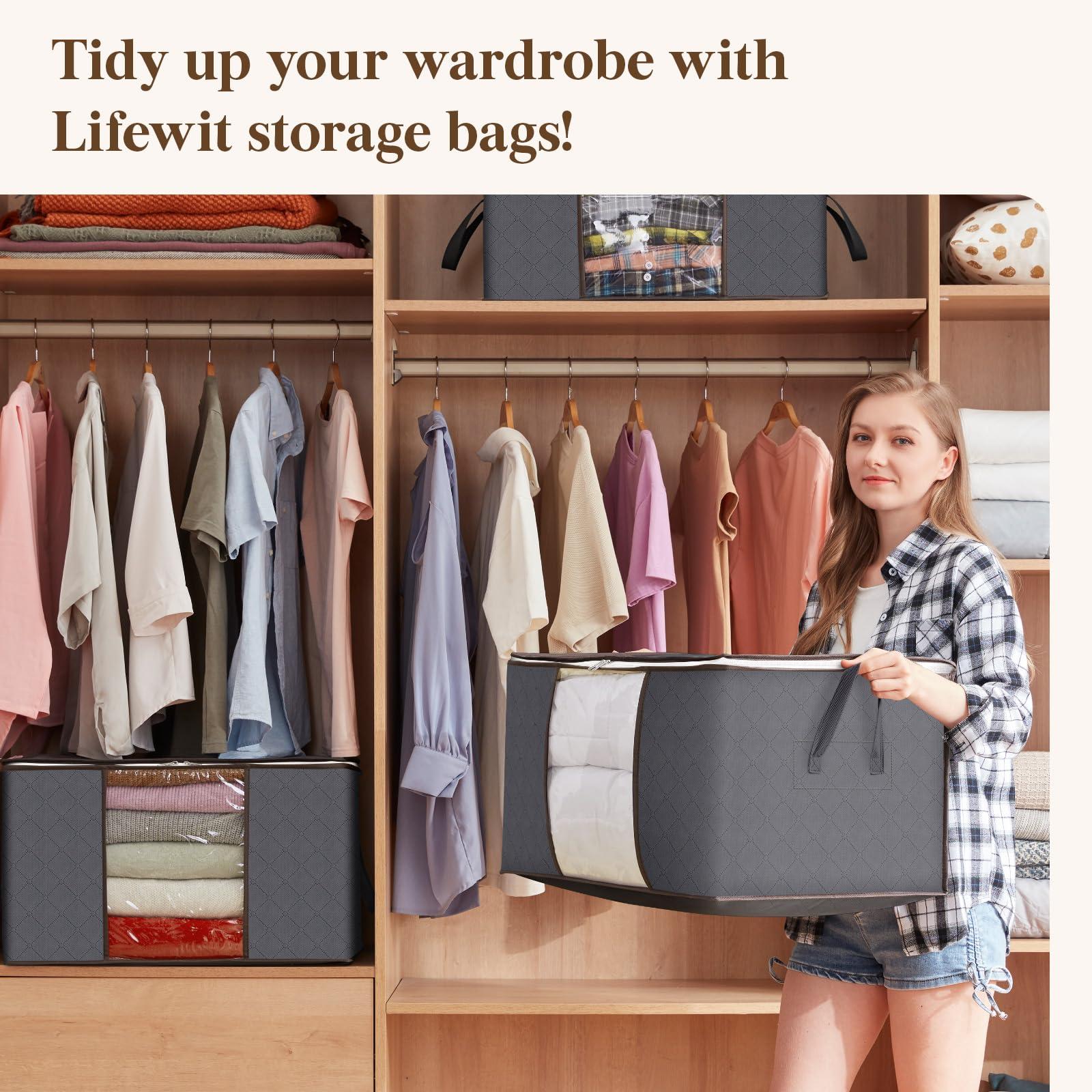 Lifewit 6 Pack Clothes Storage Bins with Lids, Foldable Blanket Storage Bags with Zippers, Clear Window and Reinforced Handles, Closet and Organization for Clothing, Sweater, Comforter, Bedding, Gray - Image 10