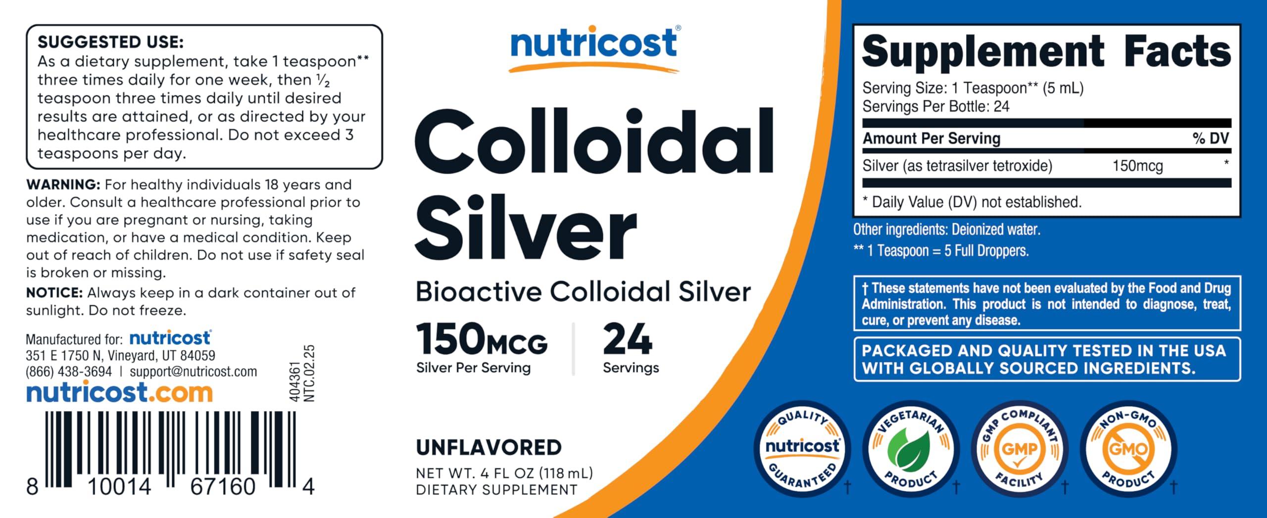 Nutricost Colloidal Silver 4oz 150mcg - Cobalt Blue Glass Bottles, Bio-Active Colloidal Silver - Image 6