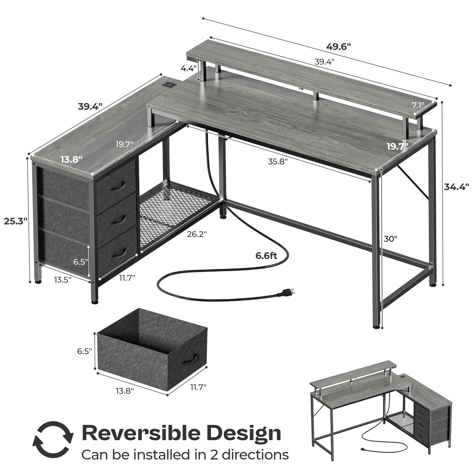 Huuger Reversible L Shaped Computer Desk with Drawers, Gaming Desk with LED Lights and Power Outlets, Office Desk with Storage Shelves, Corner Desk with Monitor Stand, for Home & Office, Gray - Image 2