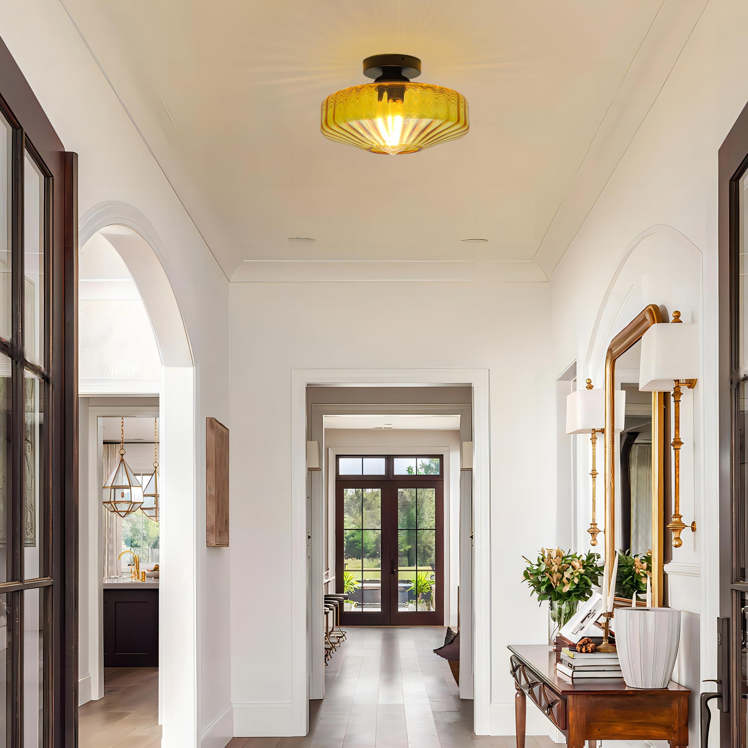 FCTWAKS Semi Flush Mount Ceiling Light, 11.8" Mid Century Modern 1-Light Close to Ceiling Light Fixtures with Drum Amber Glass Shade for Bedroom Entryway Hallway Porch Foyer - Image 6