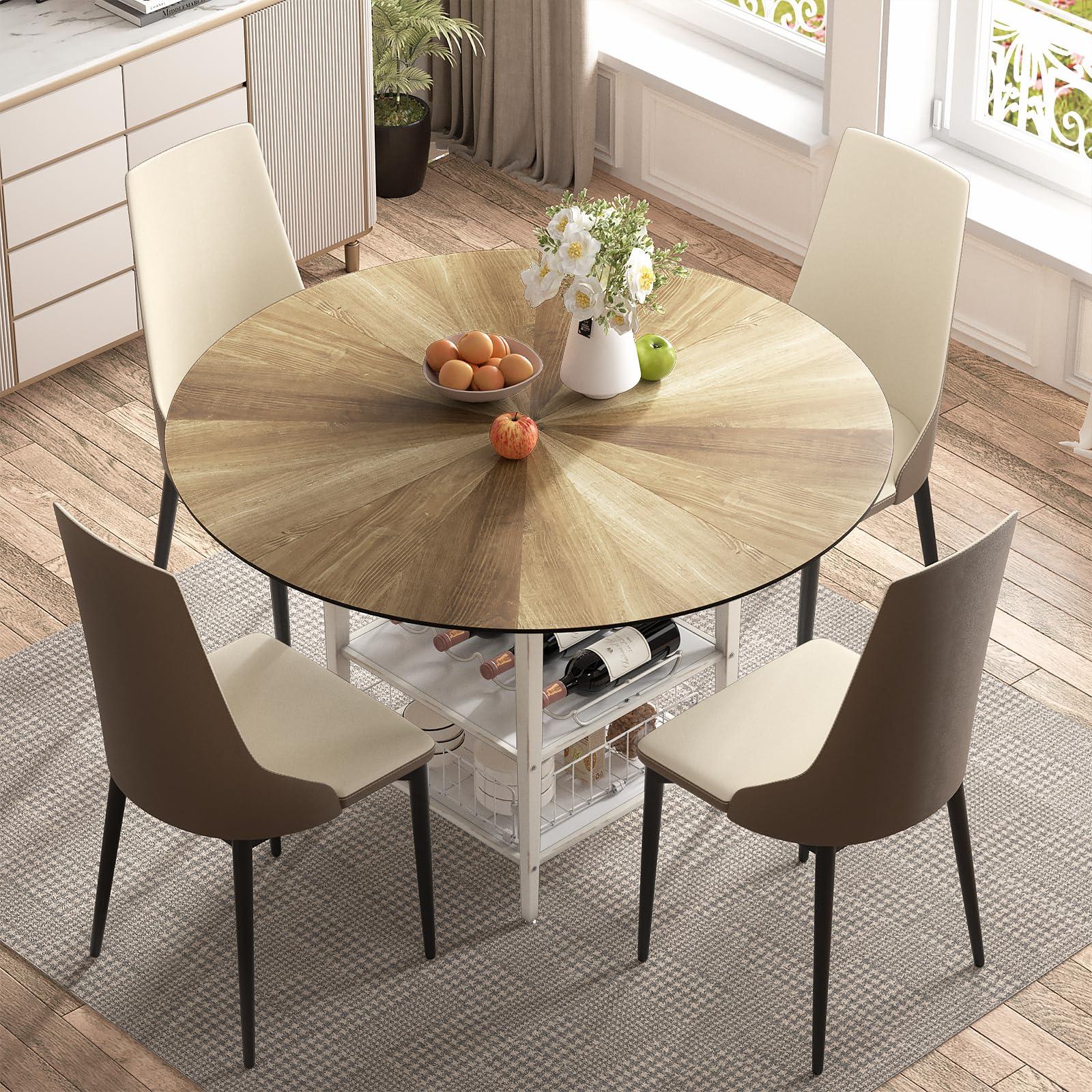 VFK 47 Inch Round Dining Table Set for 4-6 People, Large Farmhouse Kitchen Dining Table Set with Chairs and Storage Rack, Metal Base Round Table for Home Dining Room Living Room