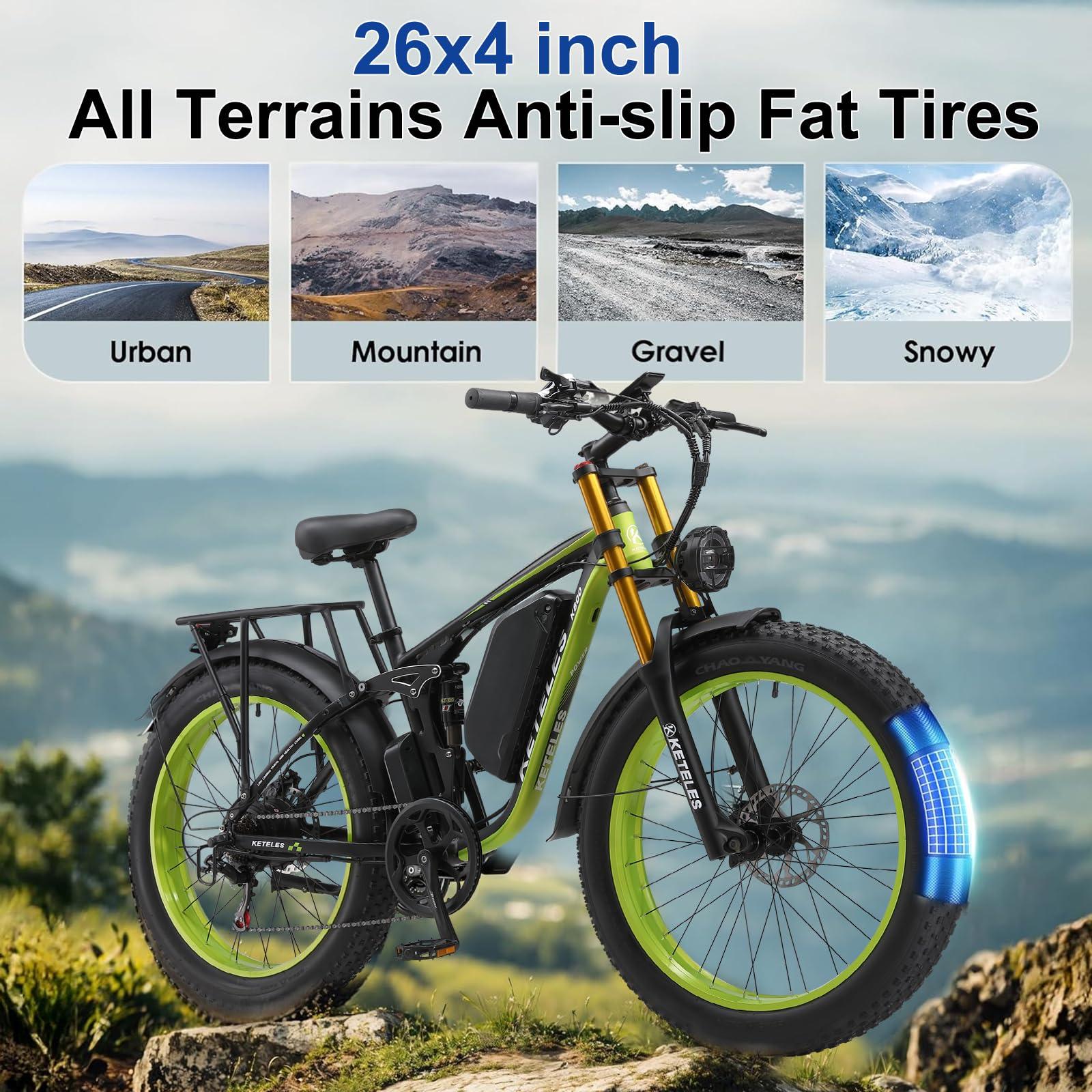 Electric Bike for Adults, 4000W Peak Power 26” Fat Tire Ebike, 34MPH AWD Dual Motor Electric Bicycles, 48V 23AH Removable Battery Fast Dual Hydraulic Brakes Electric Mountain Bike (Black-Blue) - Image 6