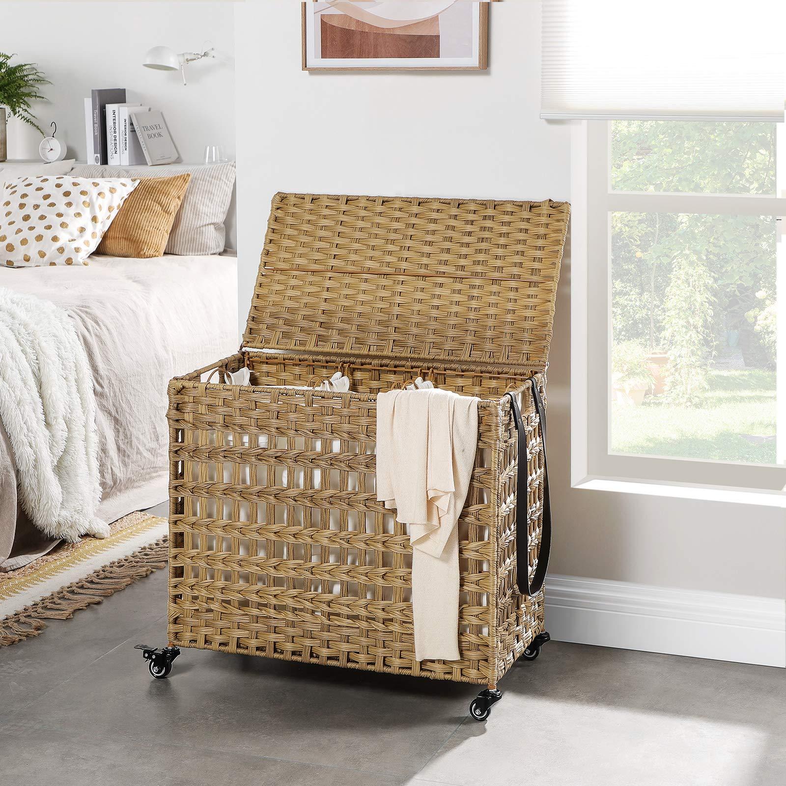 SONGMICS Laundry Hamper with Lid, 140L Synthetic Rattan Laundry Basket with Wheels, Clothes Hamper with 3 Removable Liner Bags, 3-Section Hampers with Handles, Laundry Room, Natural ULCB083N01 - Image 2