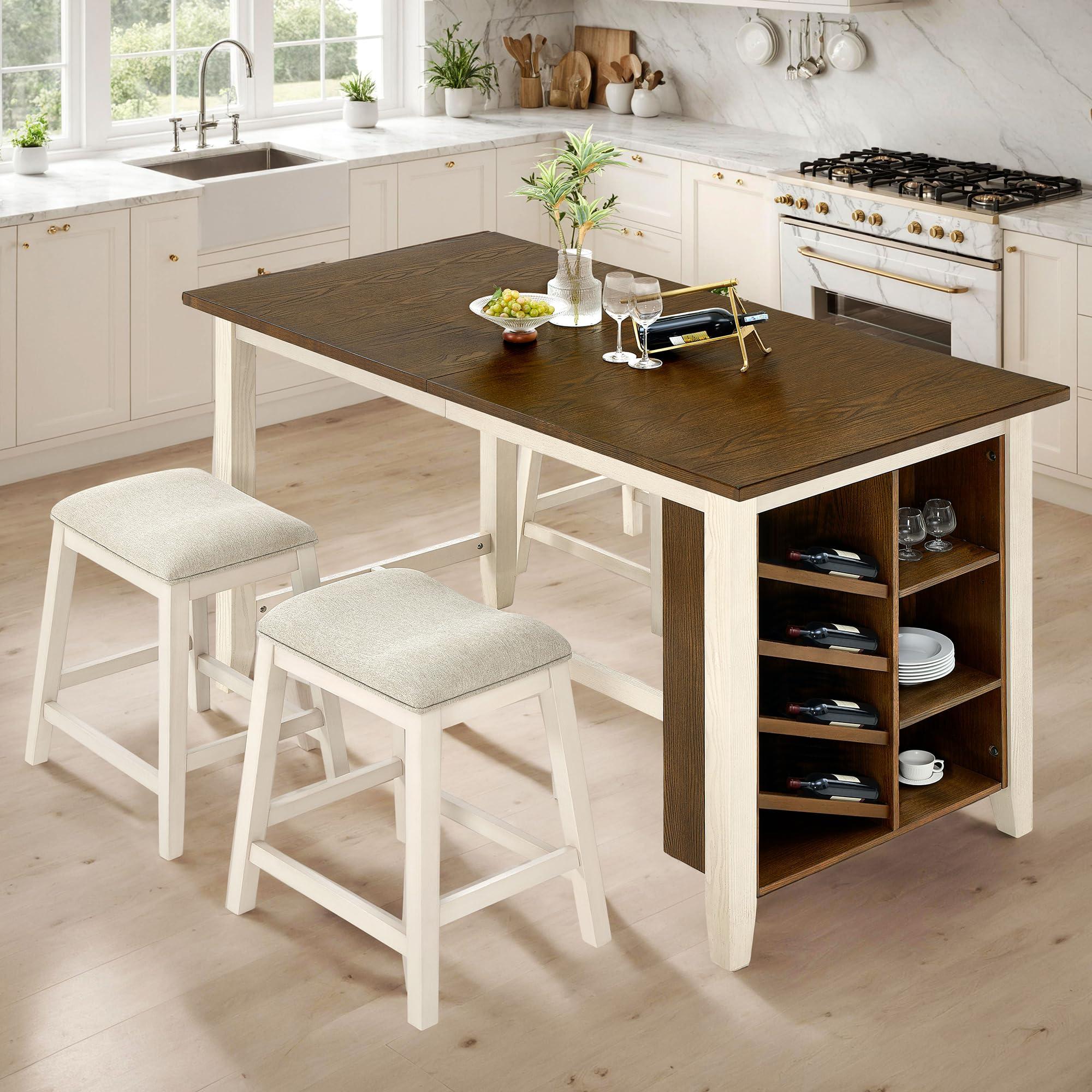 AMERLIFE 60" Solid Wood Counter Height Dining and Kitchen Table Set for 4 Upholstered Stools, 7-Layer Storage Farmhouse Dinner Table with Chairs Built-in Wine Rack & Cabinet, 5-Piece Rectangle - Image 8