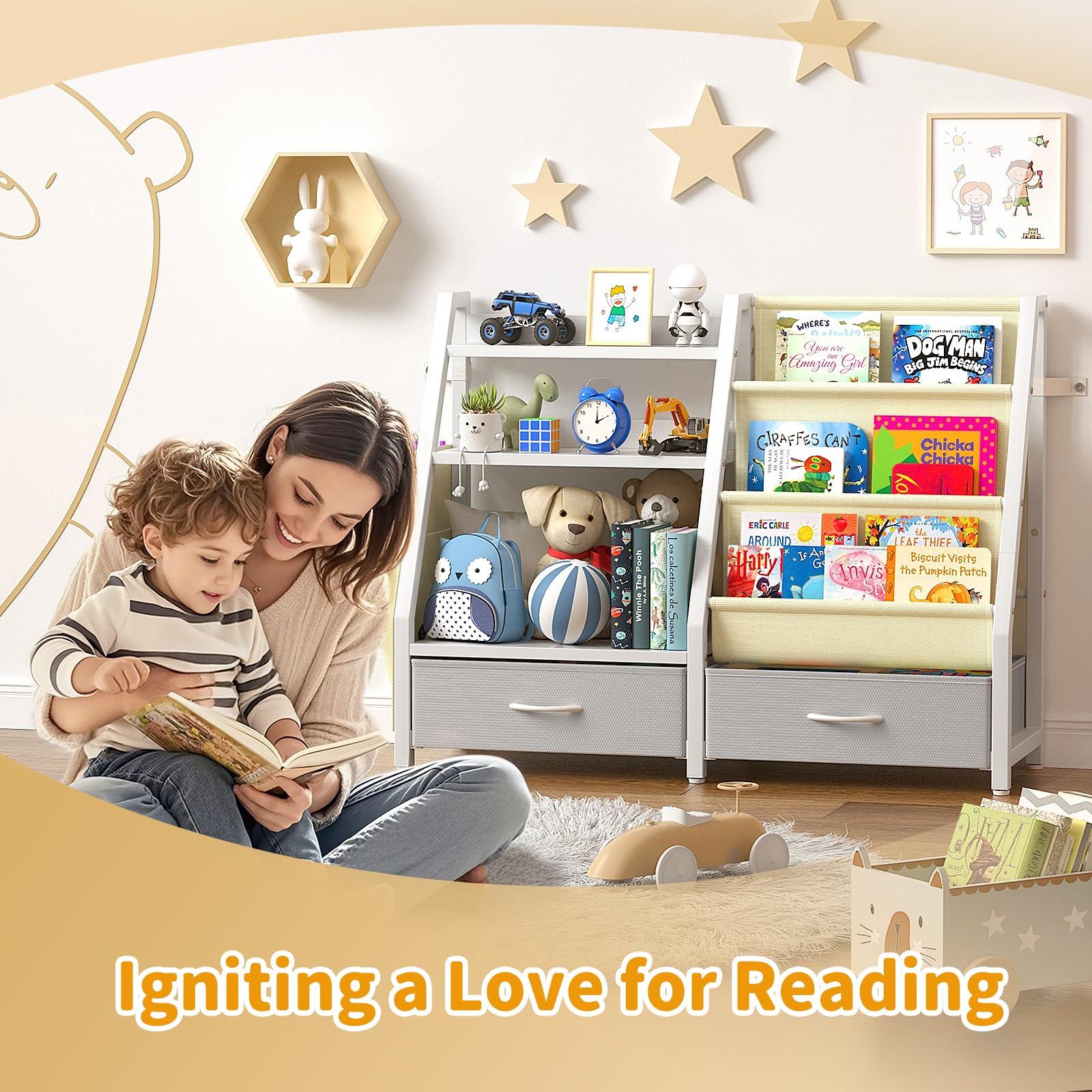 Twinkoo Kids Bookshelf and Toy Organizer, Sturdy 3 Tier Kids Bookcase, Sling Bookshelf and 2 Toy Bins, Toddler Montessori Book Shelf with Toy Storage Organizer for Children Room, Playroom, Nursery - Image 6