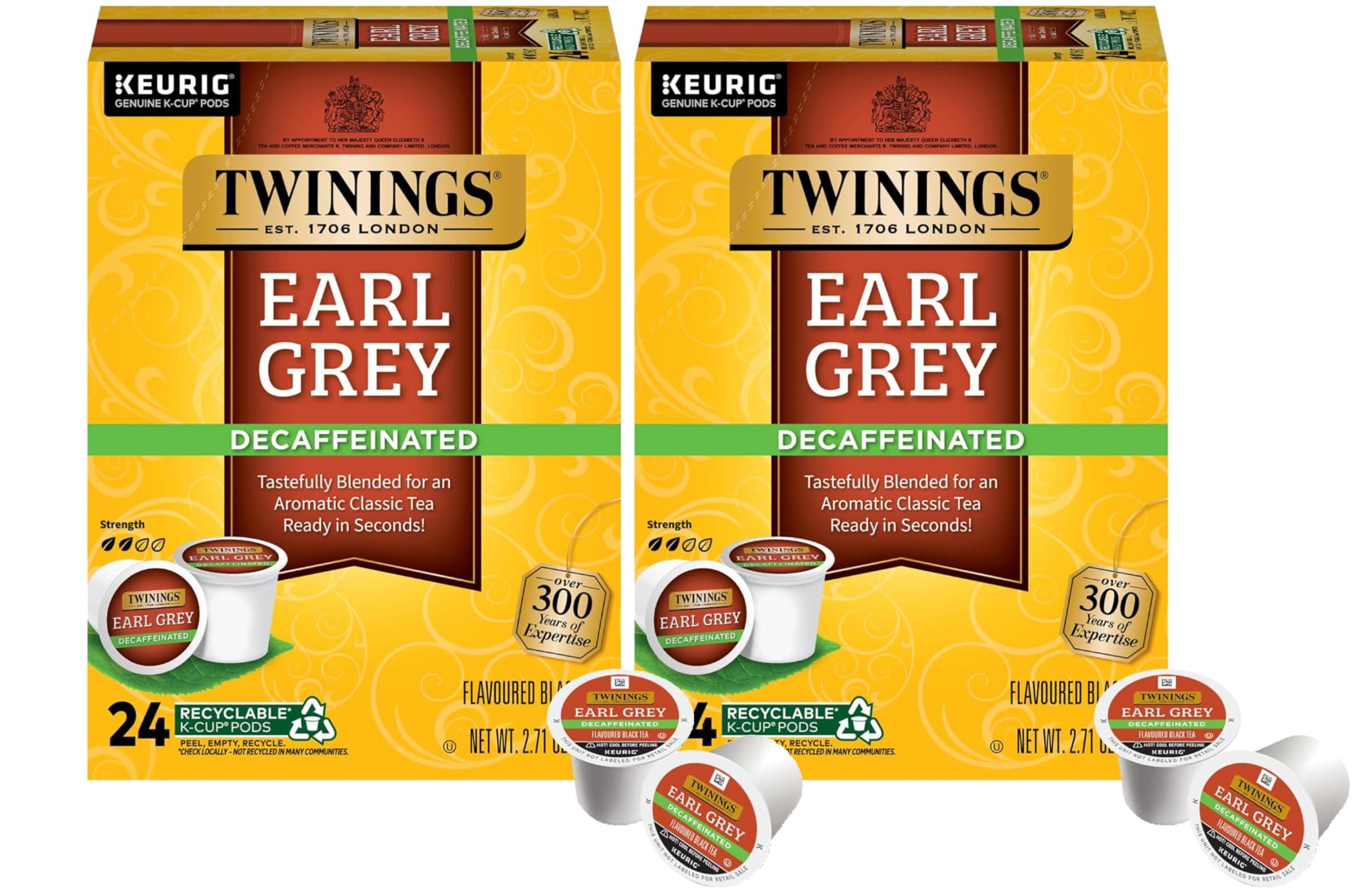 Twinings Decaf Earl Grey K-Cup Pods for Keurig, Decaffeinated Black Tea Flavoured with Citrus and Bergamot, 24 Count (Pack of 2)