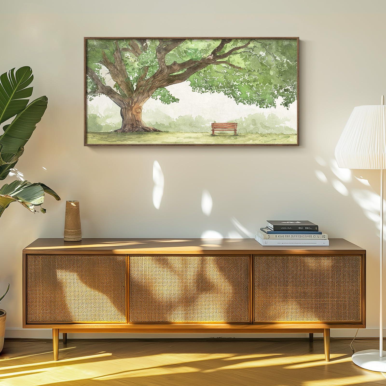 Framed Landscape Canvas Wall Art for Living Room - Contemporary Large Tree Shade Sage Green Painting with Park Bench, Nature Artwork Prints for Bedroom Office Nursery Hallway Wall Decor, 20x40 Inch - Image 4
