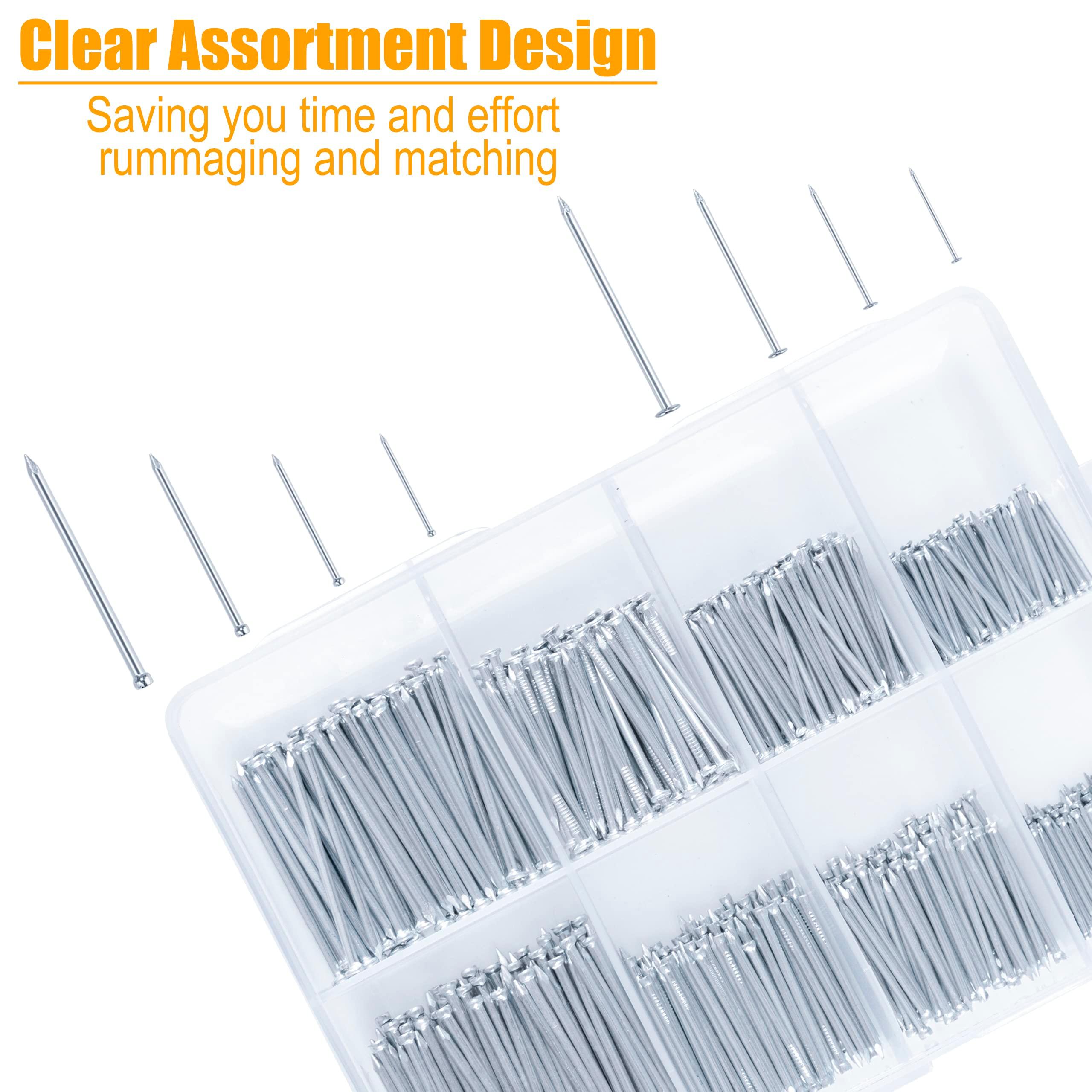 KURUI 700PCs Small Nails for Hanging Pictures & 8oz Small Hammer, Mini Hammer for Hanging Wall Decor, Hardware Roofing Nails Assortment Kit, 280 Wall Nails & 280 Finishing Nails, Picture Hangers - Image 3