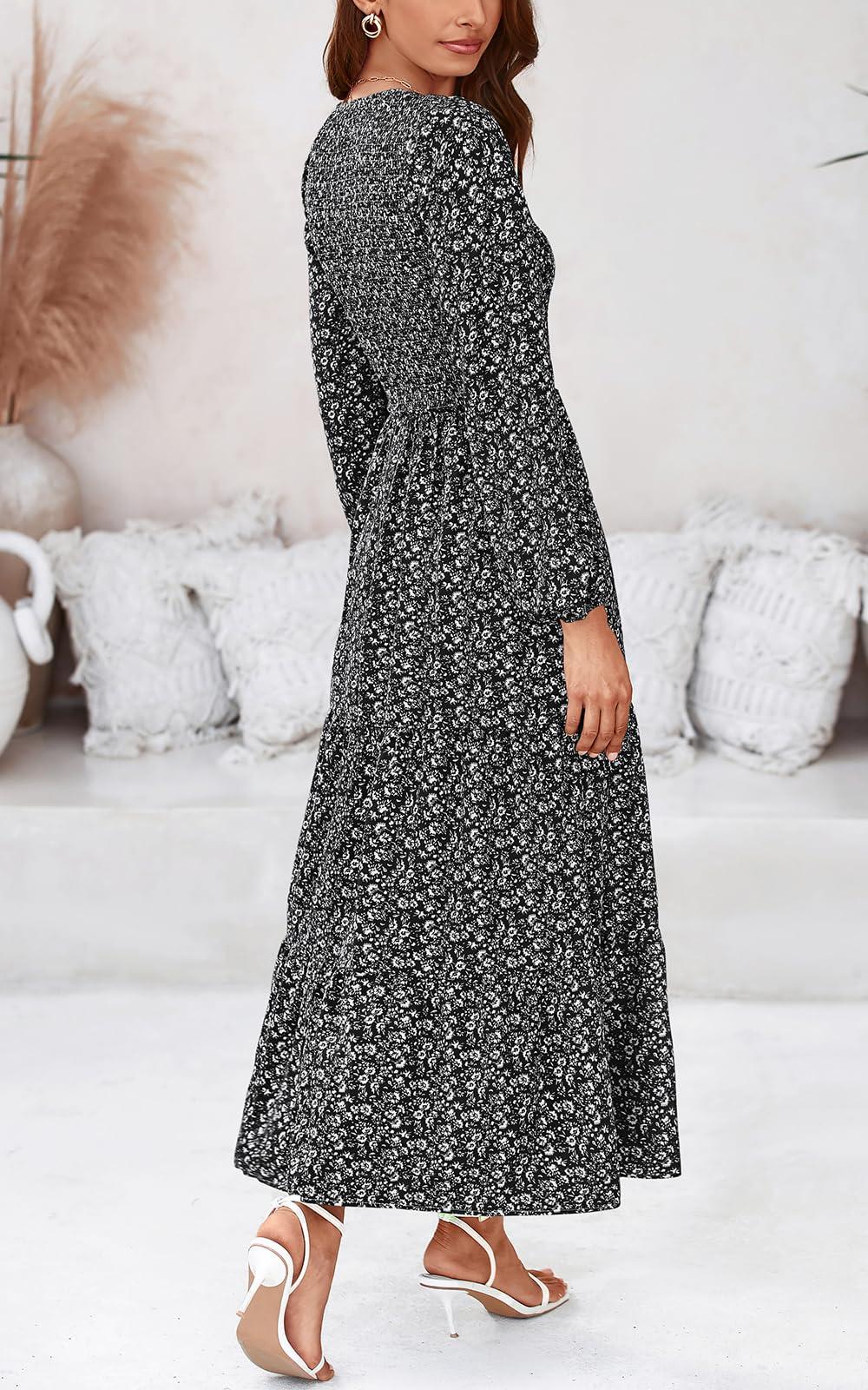 PRETTYGARDEN Women's Spring Dresses 2025 Long Sleeve Flowy Casual Floral Maxi Dress Crew Neck Smocked Tiered Long Dress - Image 4