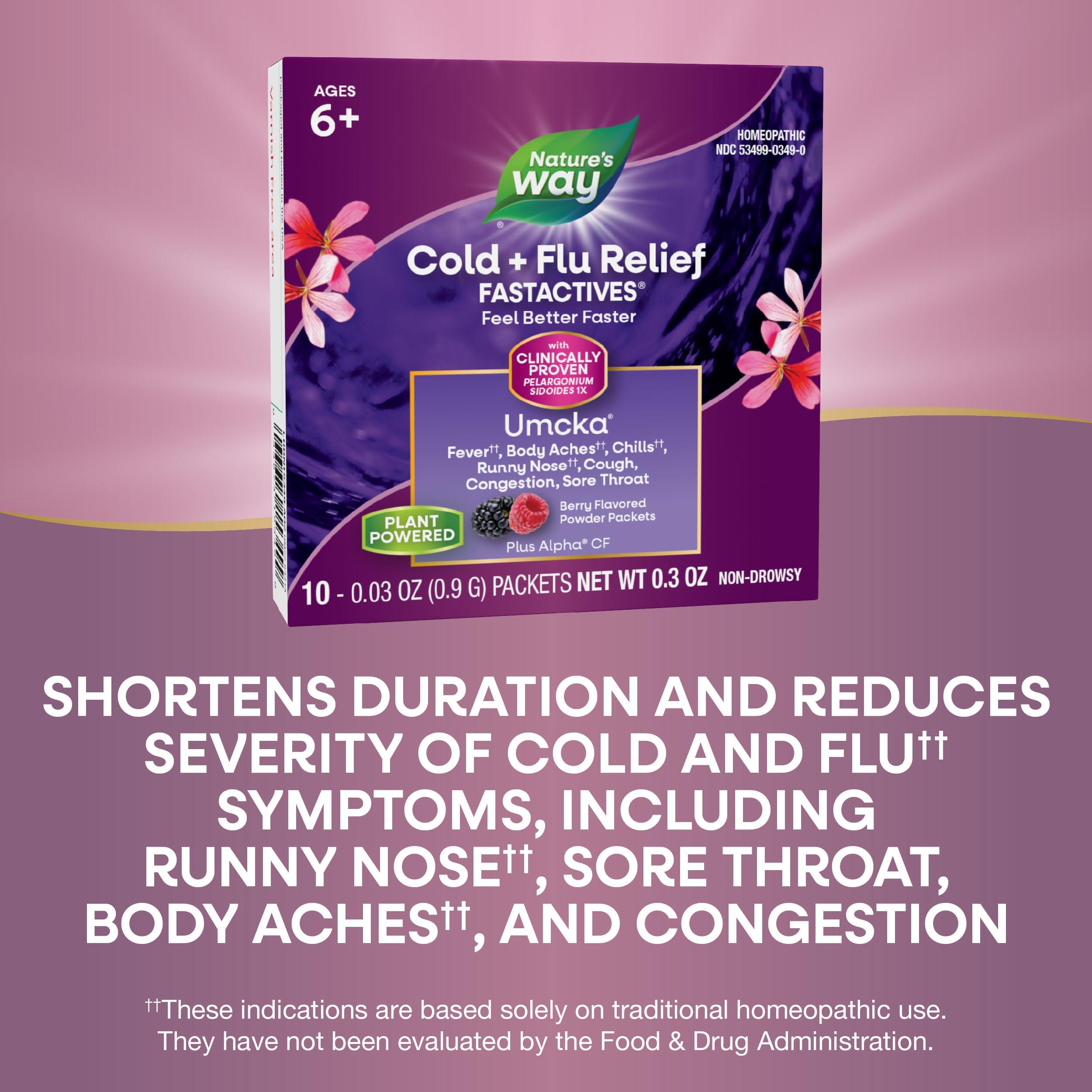 Nature's Way Cold + Flu Relief FastActives, Umcka, Homeopathic, Fever*, Sore Throat, Cough, Congestion, Body Aches*, Phenylephrine Free, Non-Drowsy, Berry Flavored, 10 Packets (Packaging May Vary) - Image 4