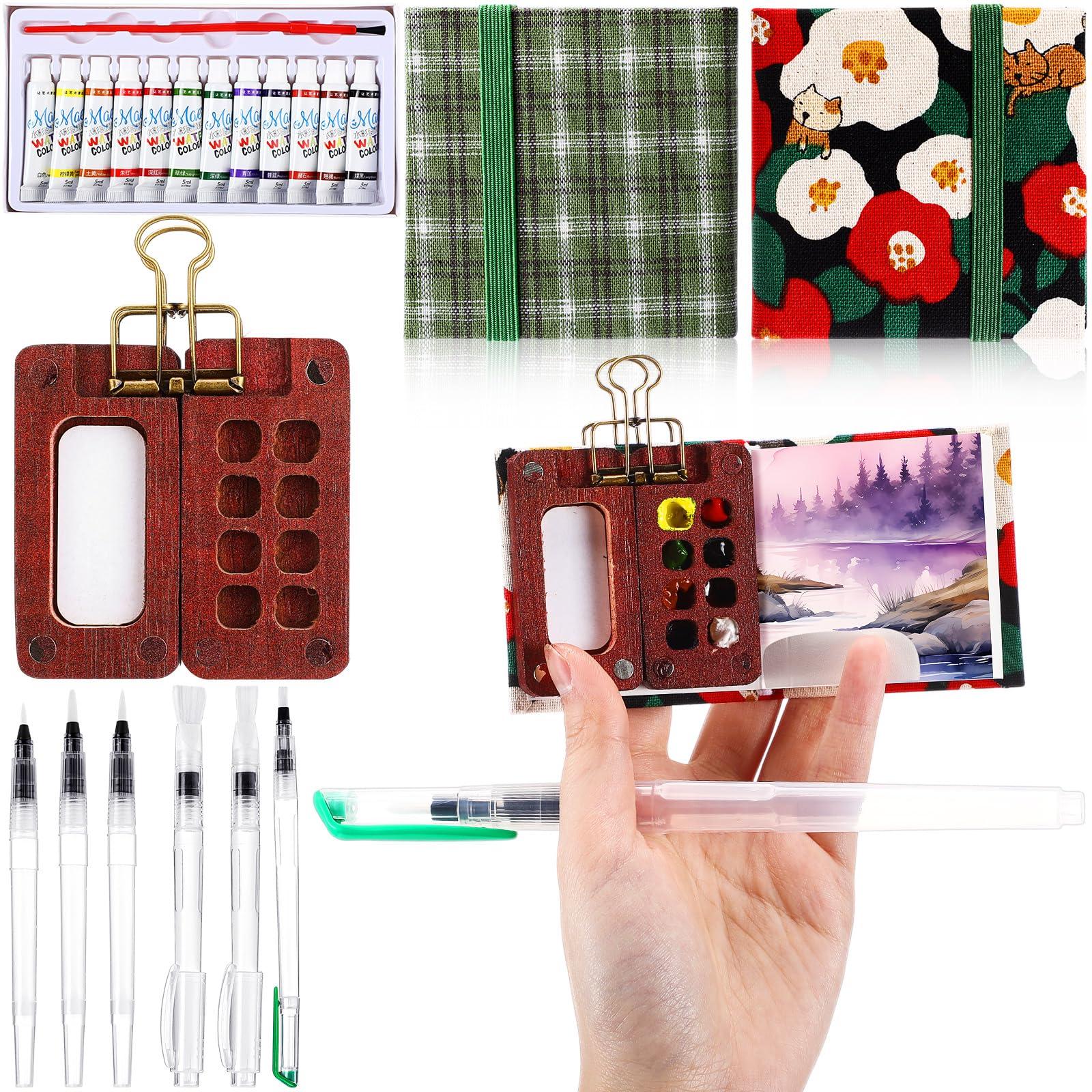 Chiisong Mini Watercolor Travel Set Pocket Artist Travel Set Portable Palette 8 Grids Wood Paint Box with Clip 2 Pcs Sketchbook 6 Pcs Watercolor Brush 12 Colors of Paint(Fresh Style)