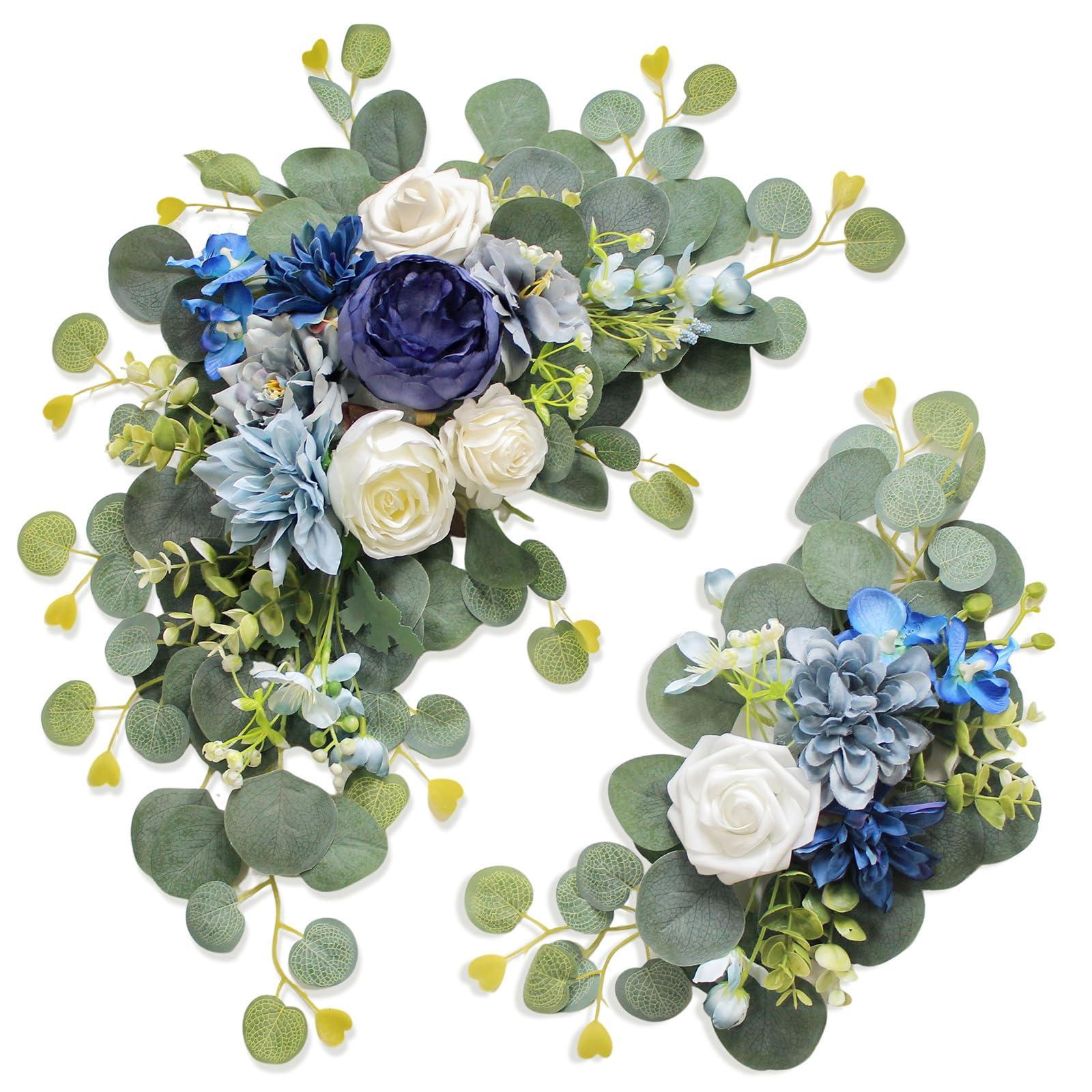 Odouzy Artificial Wedding Arch Flowers for Wedding Sign,Set of 2 for Wedding Welcome Ceremony Sign,Faux Floral Swags,Wedding, Banquet and Reception Backdrop Floral Decoration (Blue)