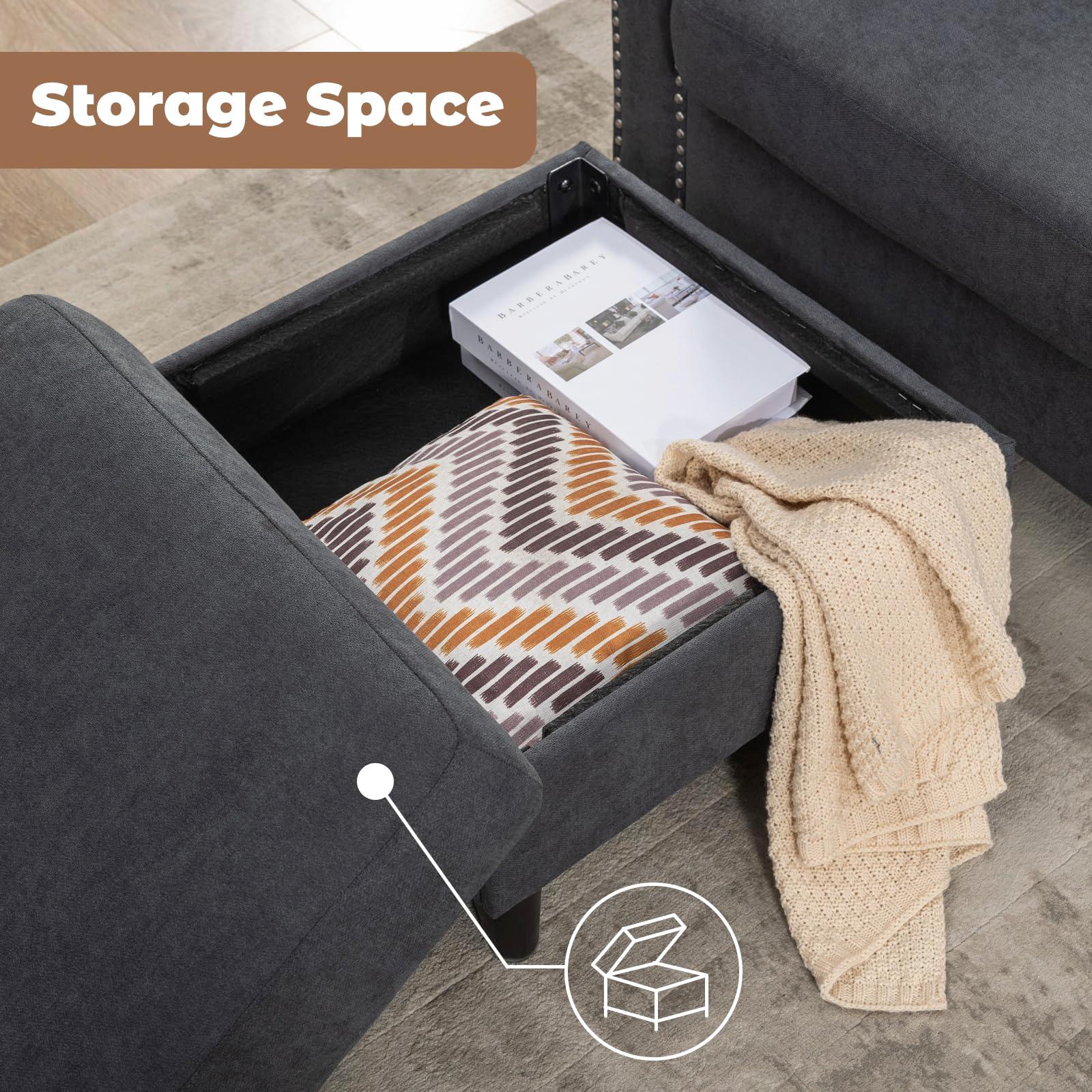 Siiejia Convertible Sectional Couches for Living Room, L-Shaped Couch 3 Seats Sofas with Storage Chaise & 2 Cup Holders, Small Sofa for Apartment, Compact Spaces, Dark Grey - Image 4