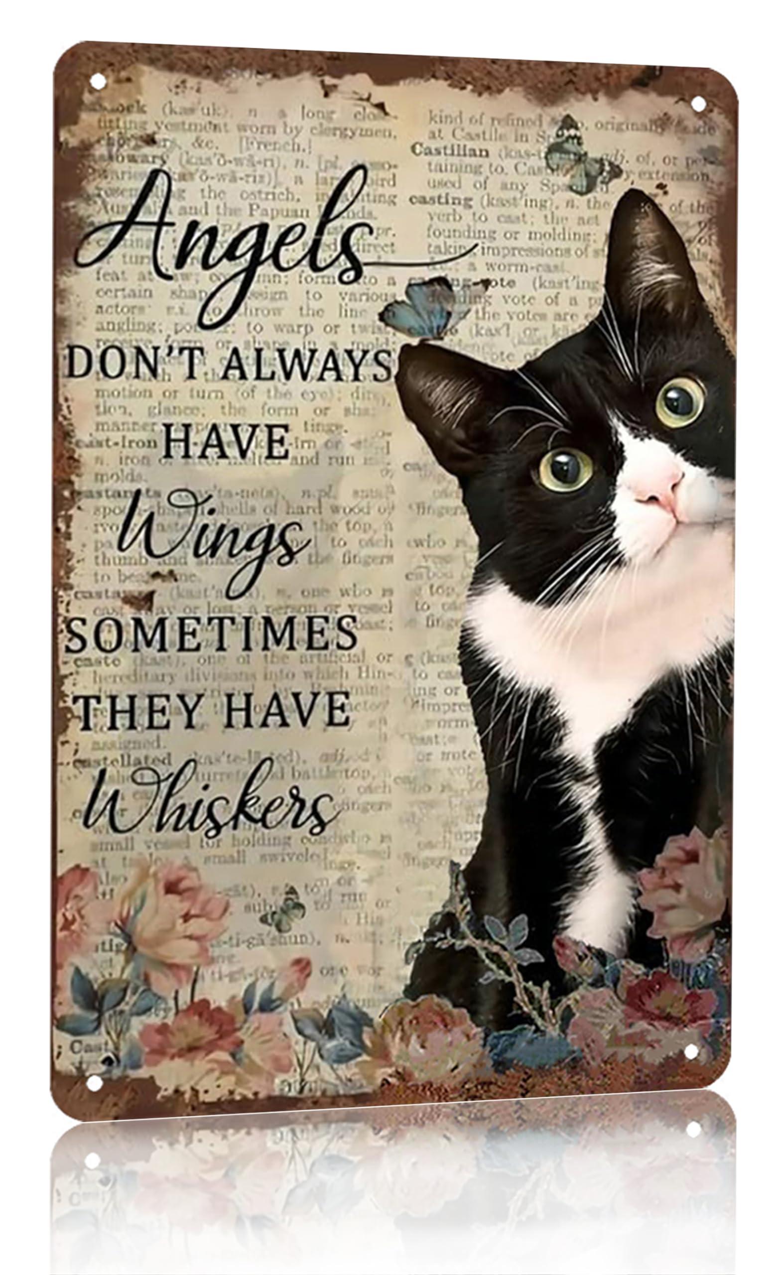 Tuxedo Cat Wall Art - "Angels Don't Always Have Wings" Metal Sign - Ideal Present for Cat Enthusiasts 12 x 8 Inch (3002)