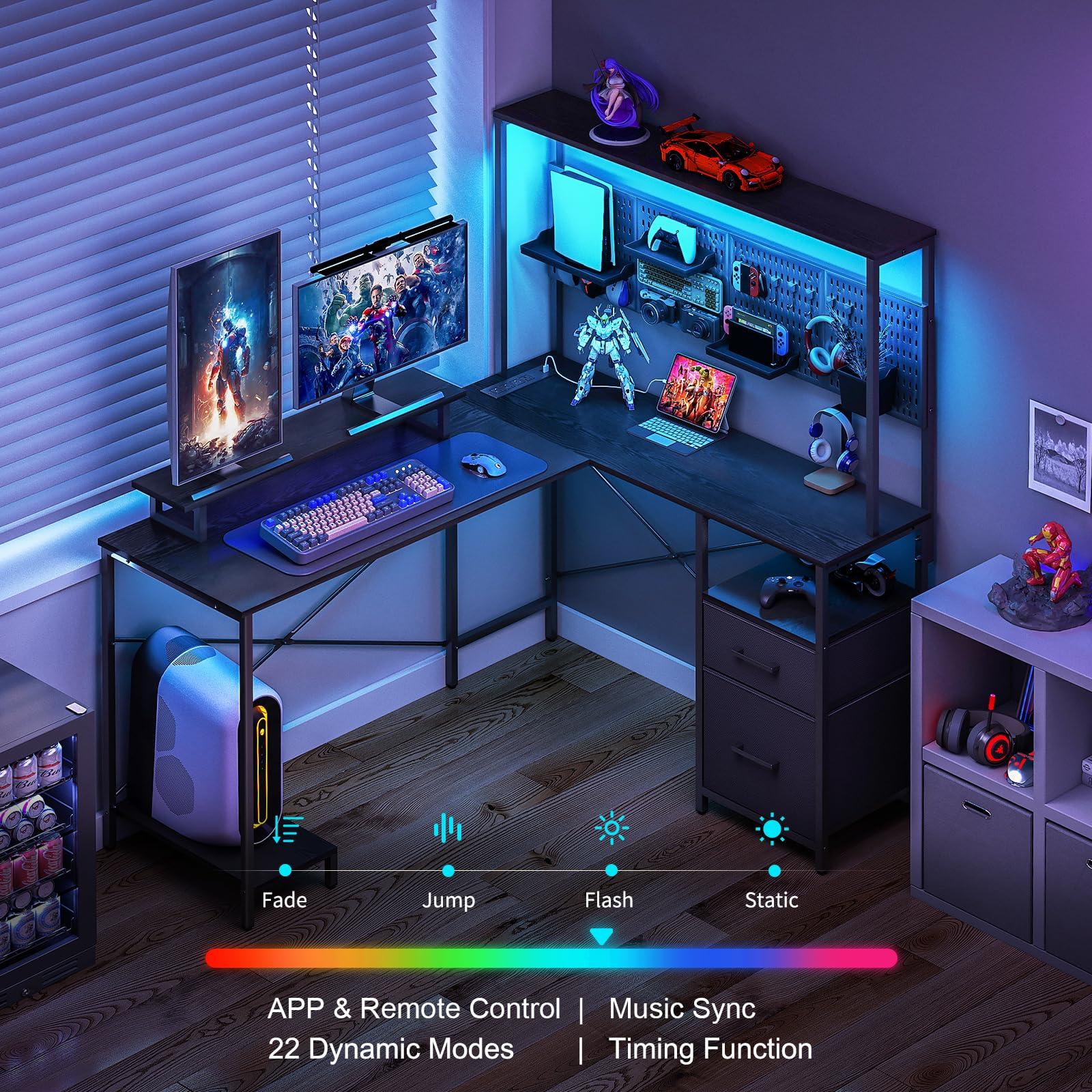 Yoobure L Shaped Desk with Pegboard, Reversible Computer Desk with Drawers & Storage Shelves, Gaming Desk with LED Lights & Power Outlets, Office Desk with Monitor Stand Corner Desk Home Office Desks - Image 3