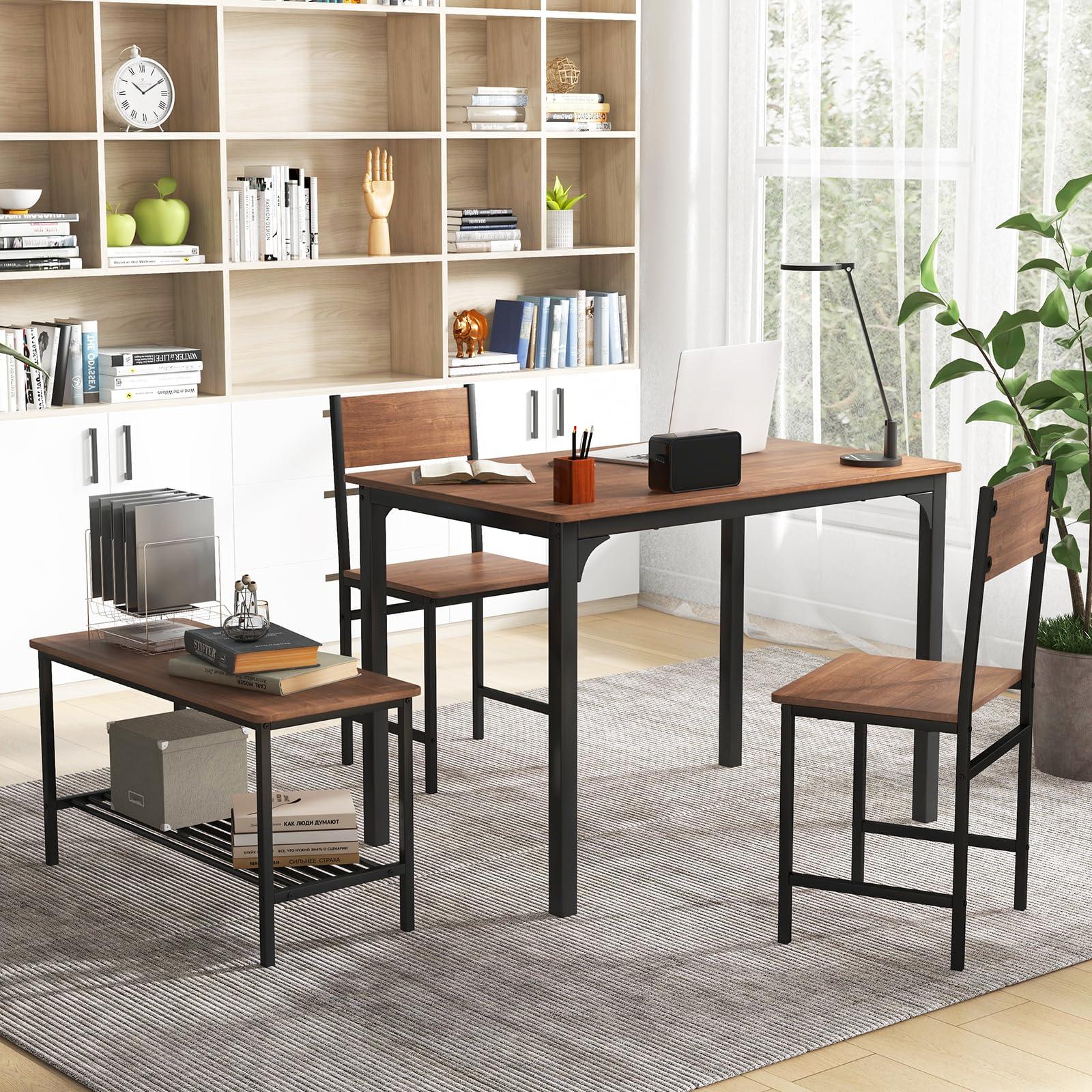 Giantex Dining Table Set for 4, 43" Kitchen Table and Chairs, Dining Bench with Metal Frame & Storage Rack, 4-Piece Modern Functional Desk Set for Dinette, Small Space, Apartment, Restaurant, Brown - Image 8