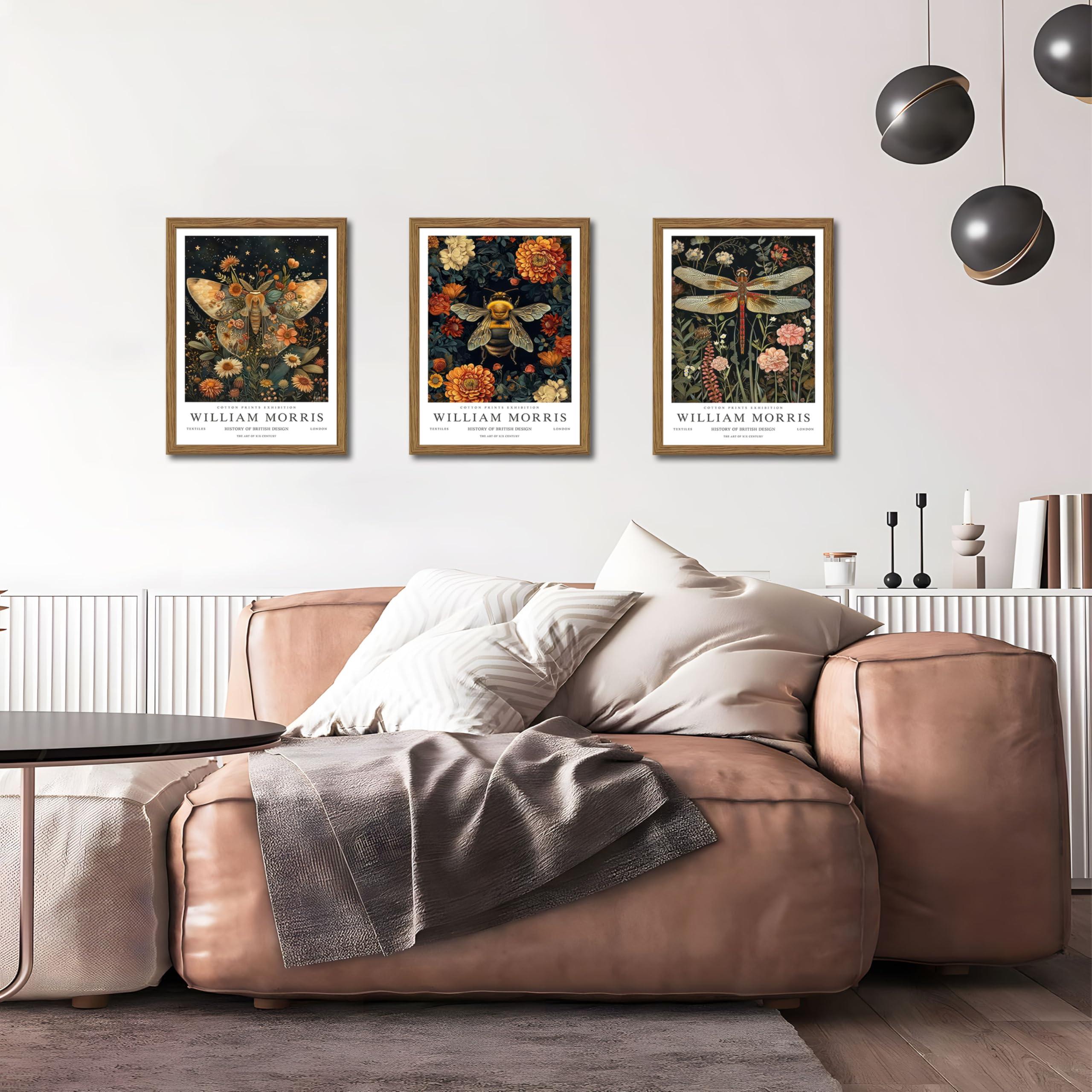 Wood Frame William Morris Wall Art Set of 3, Vintage Animal Bee Butterfly Dragonfly Posters Prints, Botanical Nature Flower Canvas Wall Decor Paintings for Living Room Bedroom Bathroom 12x16In Framed - Image 2
