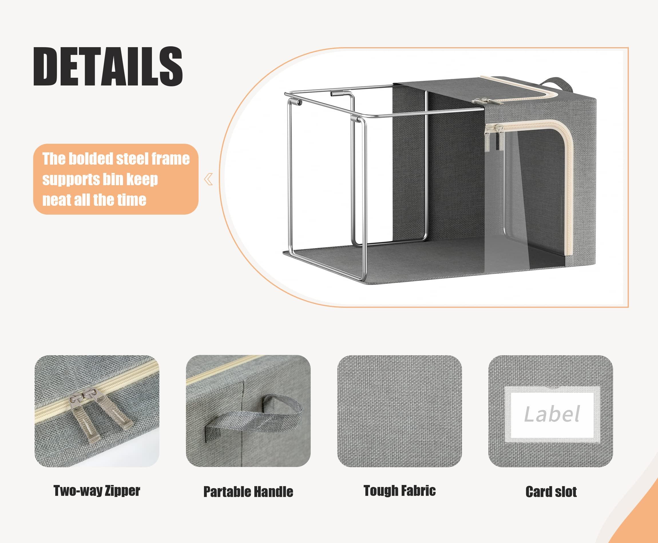 3 Openings Clothes Storage Bins with Metal Frame, Foldable Storage Bin for Clothes, Clothing Storage Bins with Lid, Linen Storage Box With Clear Window＆ Zippers＆ Durable Handles.(3 Pcs,Light Grey,40L) - Image 5