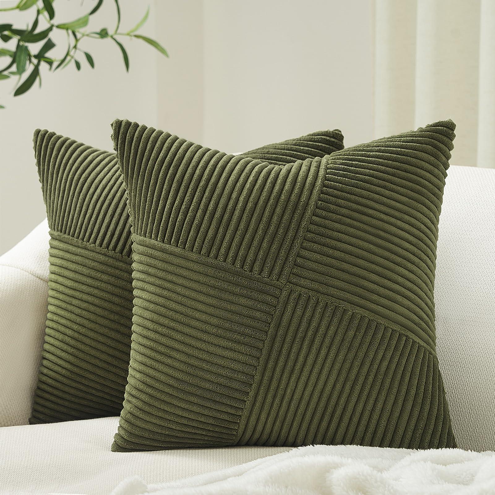 Topfinel Olive Green Decorative Throw Pillow Covers Set of 2 18x18 Inches for Couch Bed Sofa, Boho Aesthetic Home Decor, Soft Corduroy Striped Patchwork Windmill Textured Cushion Cases 45x45 cm