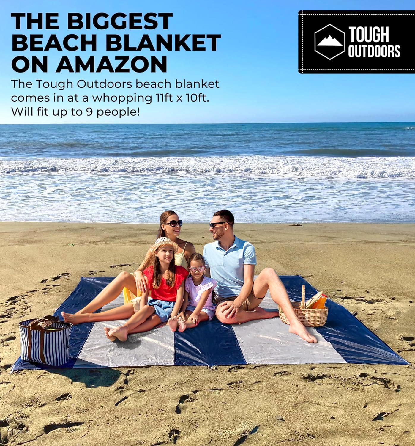 Tough Outdoors Extra Large Beach Blanket Waterproof Sandproof Oversized - 11'x10' Sand Free Beach Mat for 9 Adults - Hiking, Outdoor & Beach - Navy Blue & White - Image 3