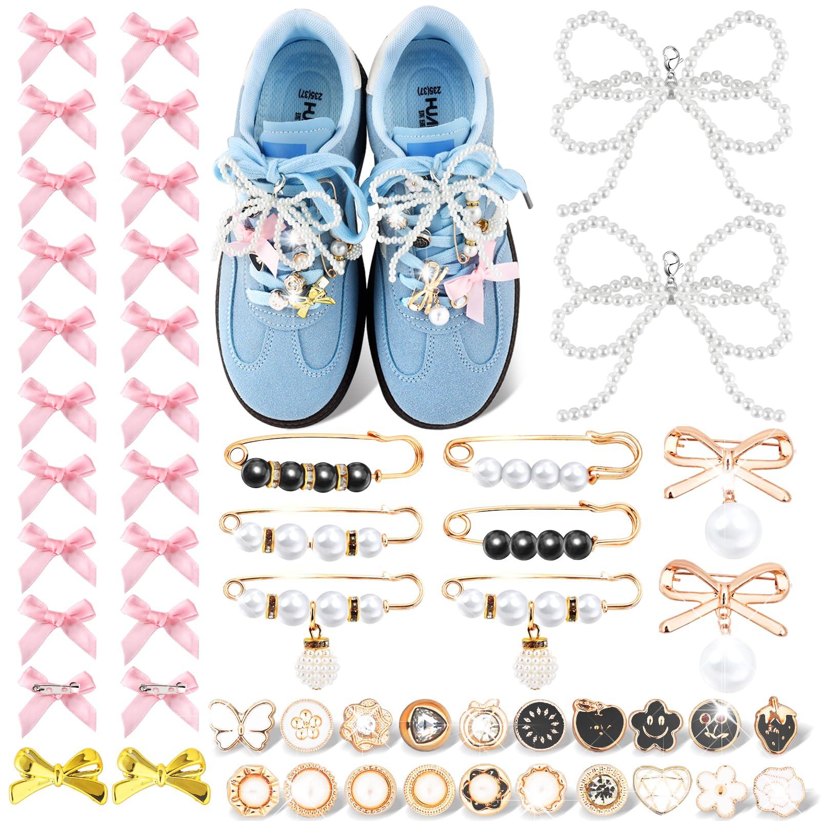 52Pcs Shoe Charms for Sneakers Bow Shoe Lace Charms Junk Sock Jewelry Kit for Women DIY Accessories Rhinestone Brooch Buttons Pearl Flower Clips Safety Pin Gold for Sneaker Hat Clothes Decoration