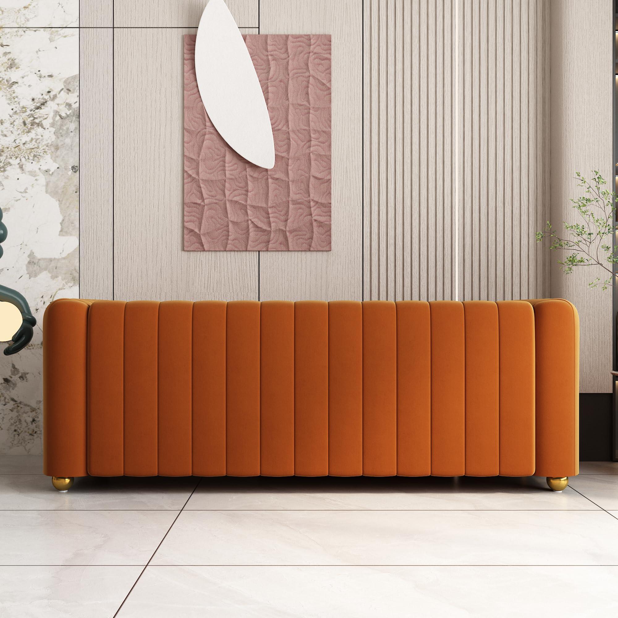 BuLaXong 81" Mid Century Modern Velvet Sofa, Loveseat 3 Seat Comfy Couch for Living Room, Orange Tufted Velvet Couch with Gold Metal Sphere Legs, Luxury Modern Sofa for Room Office Apartment - Image 8