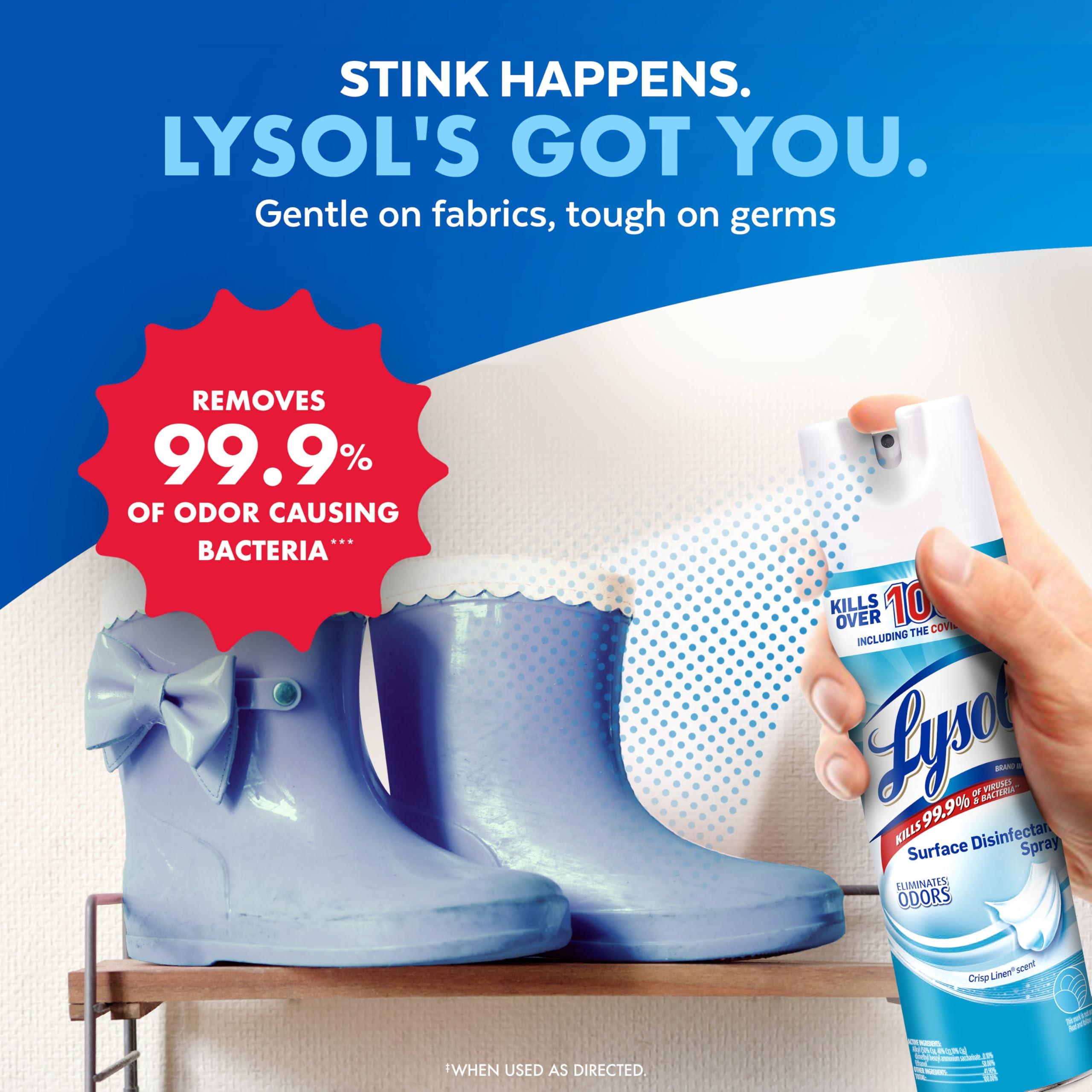 Lysol Disinfectant Spray, Household Essential Cleaning Supplies, Multi-Purpose Room Spray, Antibacterial Sanitizer Spray, Upholstery Deodorizer, Home and Bathroom, Crisp Linen,19 Fl Oz (Pack of 2) - Image 5