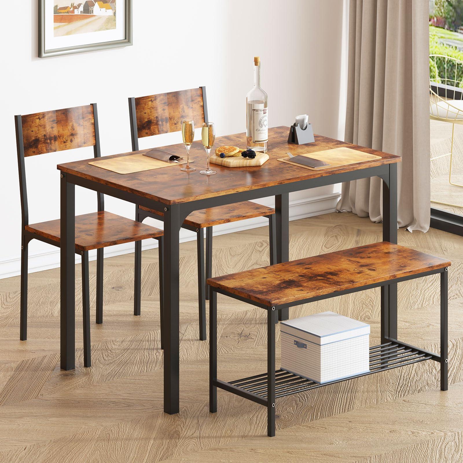 soges 4 Person Dining Table Set, 43.3inch Kitchen Table Set for 4, Dining Room 2 Chairs with Backrest, 2-Person Bench with Storage Rack, Vintage Brown - Image 2