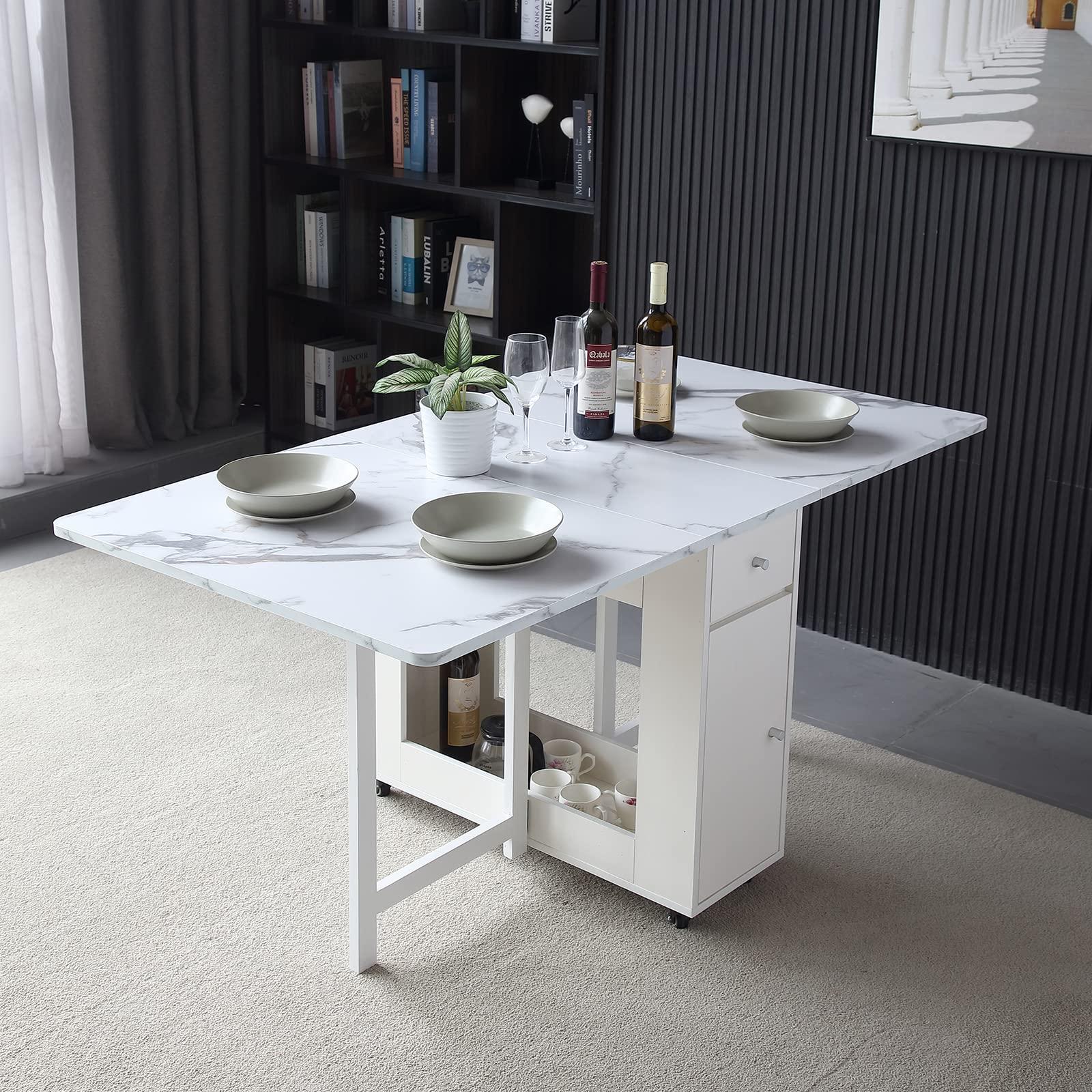 FUNROLUX Folding Dining Table with Rack and 2 Storage Drawers, Movable Extendable Space Saving Kitchen Table in 3 Forms (White) - Image 2