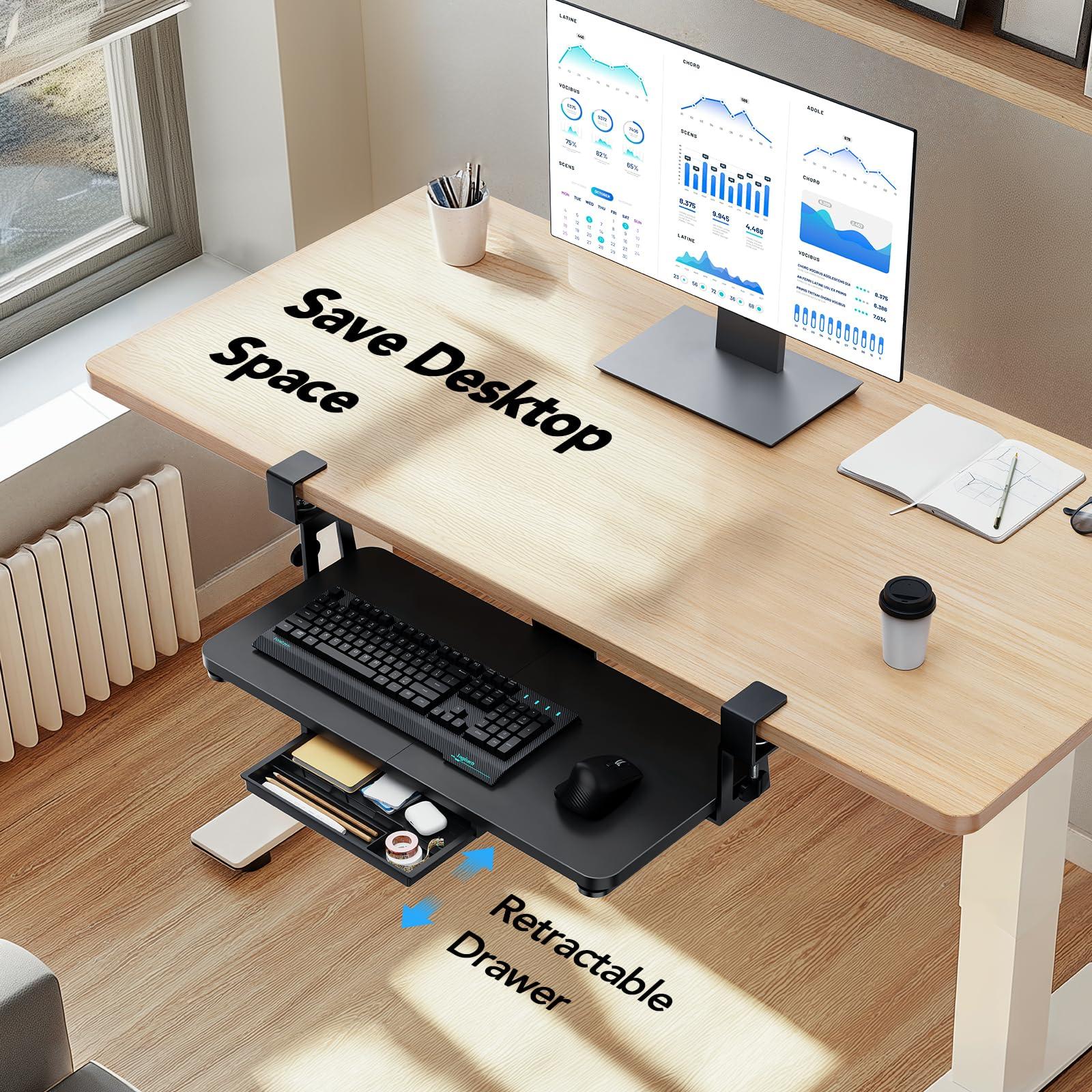 HUANUO Large Under Desk Keyboard Tray with Sturdy C-Clamp Mount, 26 (30.16" Including Clamps) x 12 inch Slide-Out Platform Computer Desk Heavy Duty Keyboard Tray with Storage Drawer for Typing, Black - Image 5