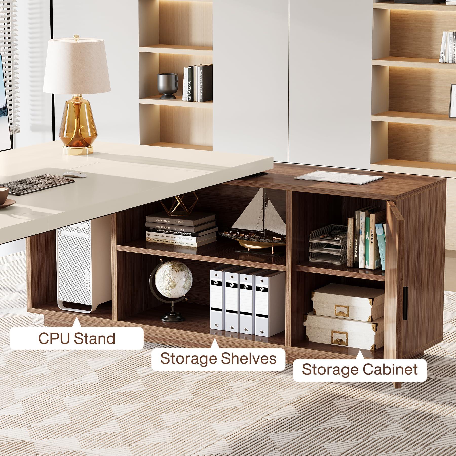 Tribesigns 78.7-Inch Executive Desk, L-Shaped Desk with Cabinet, Large Office Desk with Storage Shelves, Writing Table Business Furniture Set for Home Office, Cream White Walnut - Image 7