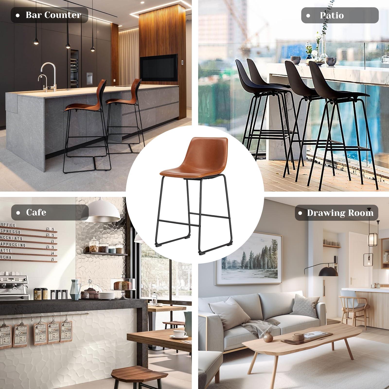 Sweetcrispy Counter Height Bar Stools Set of 2, 26 inch Leather Barstools Modern Bar Stools with Back, Counter Stool Armless Bar Chairs with Metal Legs, Footrest, Brown - Image 6