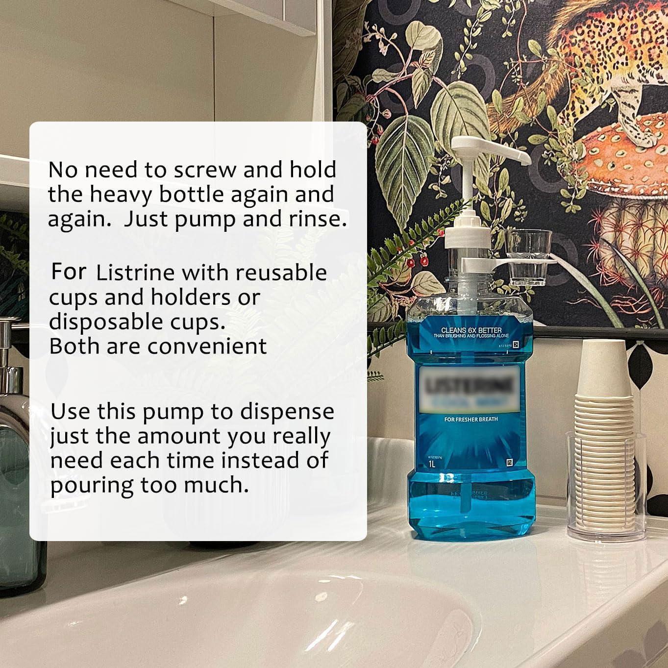Dispenser Pumps for Listerine 1 or 1.5 Liter Mouthwash Bottles with Cup Holders, Resuable Cups and Clear Plastic Paper Cup Dispenser - Fits Total Care, Original, Zero Alcohol, Cool Mint, etc - Image 4