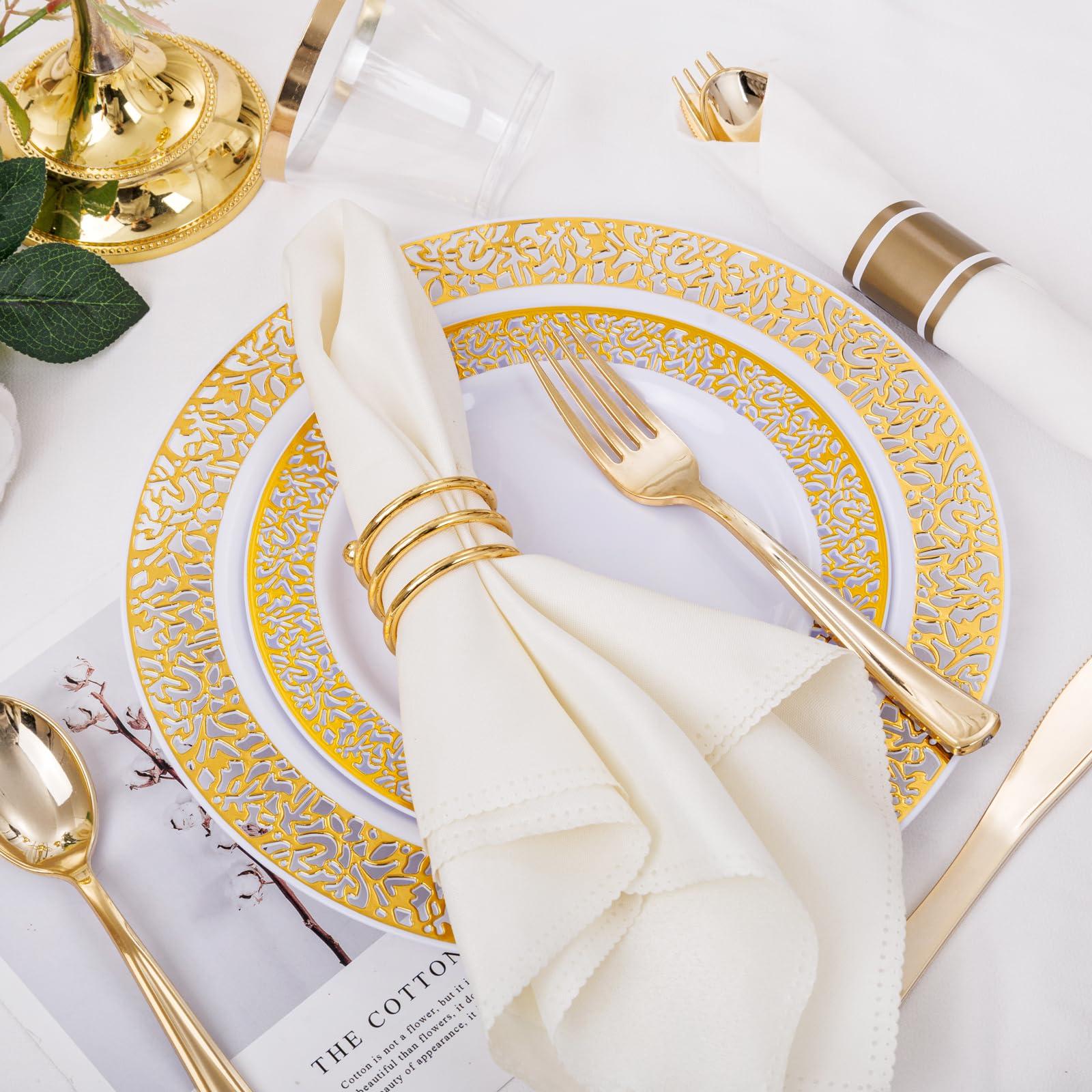 WELLIFE 175Pcs Gold Dinnerware Sets, Include:25 Dinner Plates, 25 Dessert Plates, 25 Paper Napkins, 25 Cups, 25 Plastic Cutlery Set - Image 8