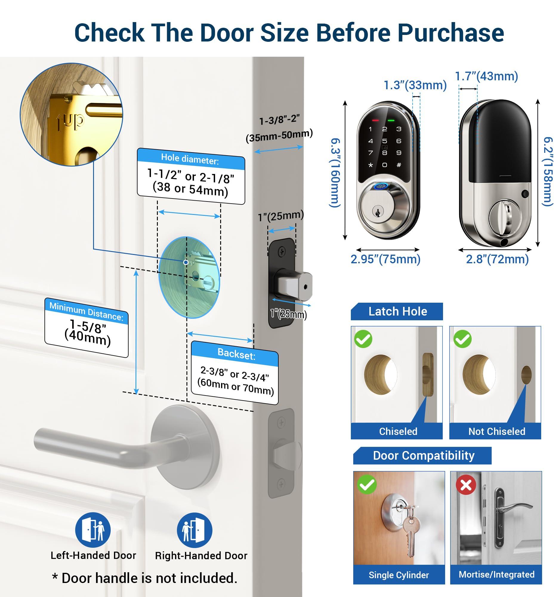 Veise RZ07 Smart Lock, Fingerprint Door Lock, 7-in-1 Keyless Entry with App Control, Electronic Touchscreen Keypad Deadbolt, Biometric Smart Locks for Front Door, Satin Nickel - Image 6