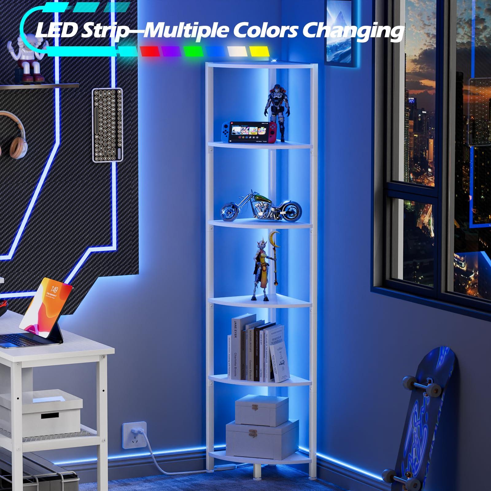 Furnulem 6 Tier Corner Shelf with LED Light, 67.5” Tall Standing Shelf Organizer, White Narrow Bookshelf with Storage Rack for Wall Corner, Living Room, Bedroom, Metal Frame, Wood Display Shelf - Image 5
