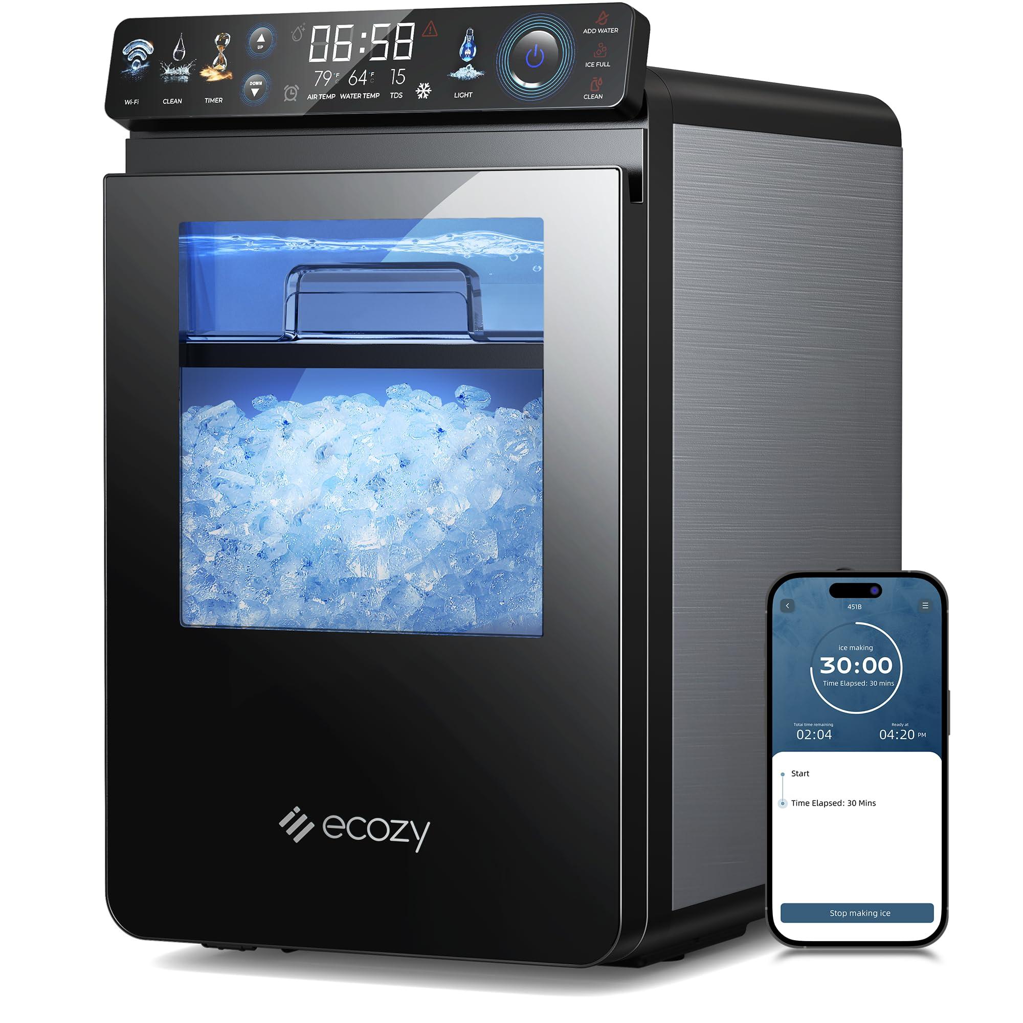 ecozy Nugget Ice Maker Countertop, Smart Pebble Ice Machine with APP Control, 44 lbs/24H Soft Pellet Chewable Ice with Self-Cleaning, Stainless Steel