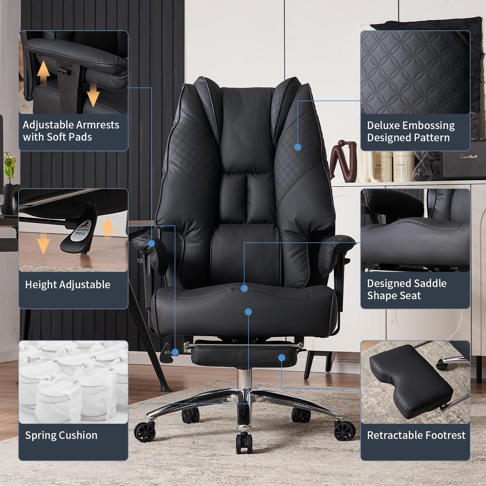 EXCEBET Big and Tall Office Chair 400lbs Wide Seat, Leather High Back Executive Office Chair with Foot Rest, Ergonomic Chairs Lumbar Support for Lower Back Pain Relief (Black) - Image 3