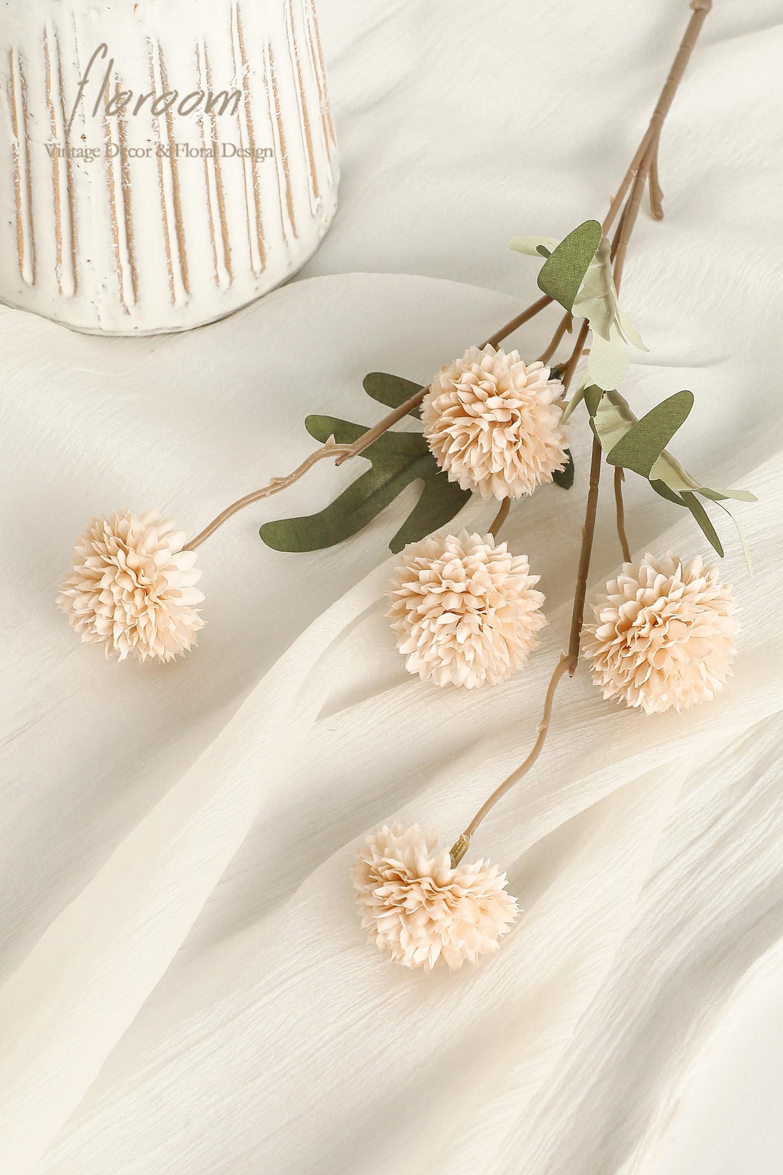 Floroom 5pcs Faux Silk Pompon Mum Artificial Flowers, Bulk Fake Mini Chrysanthemums with Stems for DIY Bouquet Centerpieces Wedding Fillers Champagne Arrangements Shower Decorations, Beige - Image 3